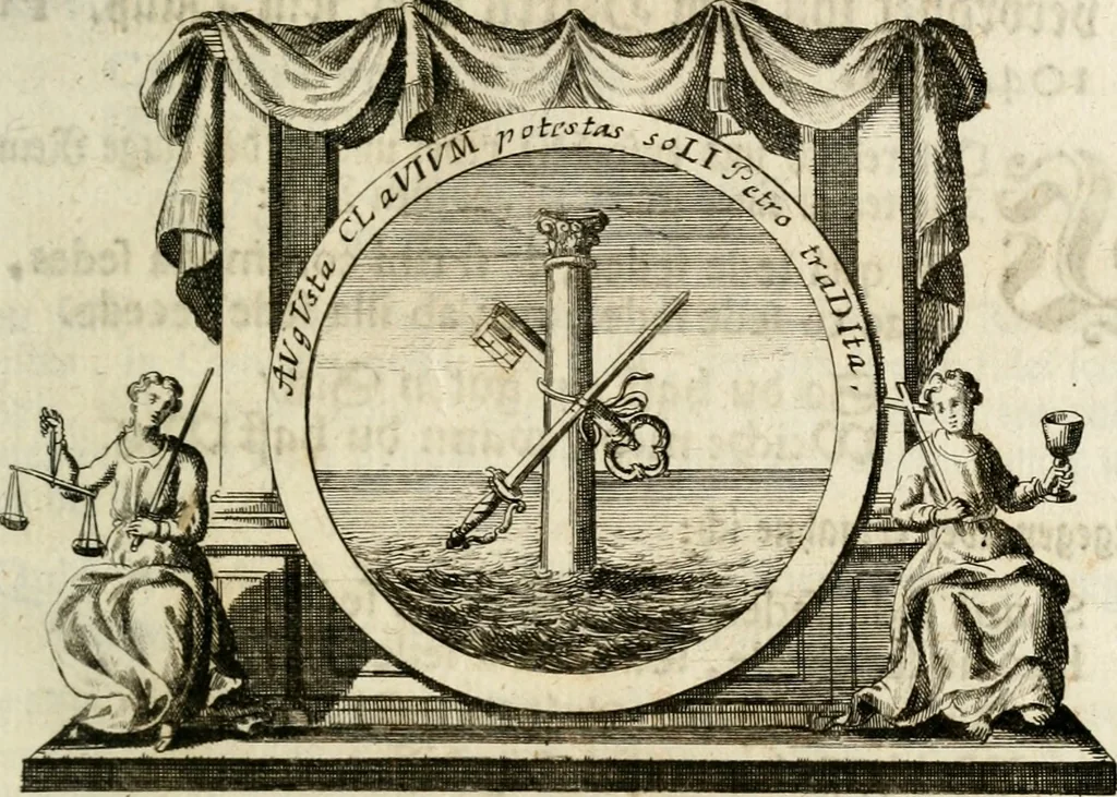 An illustration from VIrtVosIVs pantheon, Deo & sanCtIs ereCtVM, id est, Sermones panegyrici de praecipuis sacrorum ordinum fundatoribus, patriarchis, aliisque terrarum patronis, ad normam & formam Psalmo-graphi, Psal. 148.v.I : LaVDate IpsVM In eXCeLsIs : insertis nonnullis festis de B.M.V. de circumcisione Domini &c. & duodecim signis praedestinationis, quorum singula singulis mensibus praefiguntur cum symbolis chrono-graphicis, & figuris = Das ist, Lob-Predigen von denen fürnehmsten heil. Ordens-Stifftern, Patriarchen, und andern heiligen Lands-Patronen : dann auch auff etwelchen Mariae-Festtägen, und von denen 12. Zeichen der göttlichen Gnaden-Wahl, deren jedes jedem Monat vorgesetzt wird : pars [I-III], 1723, leaf 184