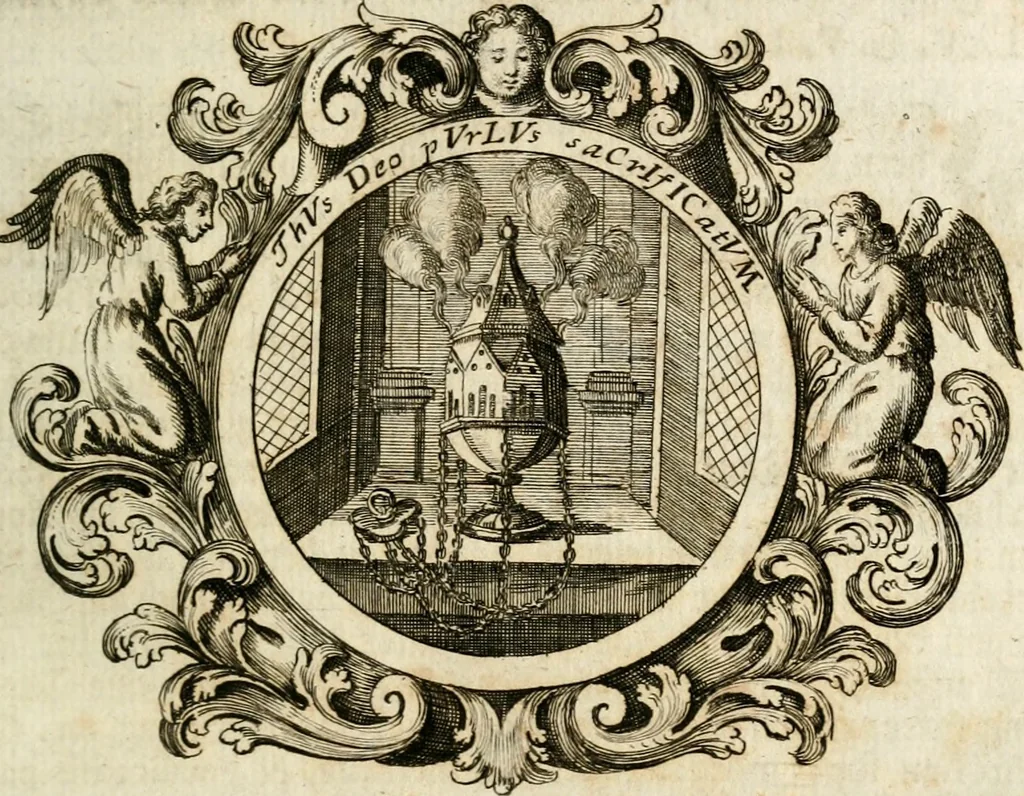 An illustration from VIrtVosIVs pantheon, Deo & sanCtIs ereCtVM, id est, Sermones panegyrici de praecipuis sacrorum ordinum fundatoribus, patriarchis, aliisque terrarum patronis, ad normam & formam Psalmo-graphi, Psal. 148.v.I : LaVDate IpsVM In eXCeLsIs : insertis nonnullis festis de B.M.V. de circumcisione Domini &c. & duodecim signis praedestinationis, quorum singula singulis mensibus praefiguntur cum symbolis chrono-graphicis, & figuris = Das ist, Lob-Predigen von denen fürnehmsten heil. Ordens-Stifftern, Patriarchen, und andern heiligen Lands-Patronen : dann auch auff etwelchen Mariae-Festtägen, und von denen 12. Zeichen der göttlichen Gnaden-Wahl, deren jedes jedem Monat vorgesetzt wird : pars [I-III], 1723, leaf 196