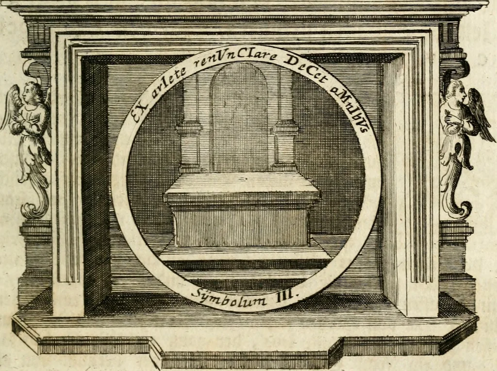 An illustration from VIrtVosIVs pantheon, Deo & sanCtIs ereCtVM, id est, Sermones panegyrici de praecipuis sacrorum ordinum fundatoribus, patriarchis, aliisque terrarum patronis, ad normam & formam Psalmo-graphi, Psal. 148.v.I : LaVDate IpsVM In eXCeLsIs : insertis nonnullis festis de B.M.V. de circumcisione Domini &c. & duodecim signis praedestinationis, quorum singula singulis mensibus praefiguntur cum symbolis chrono-graphicis, & figuris = Das ist, Lob-Predigen von denen fürnehmsten heil. Ordens-Stifftern, Patriarchen, und andern heiligen Lands-Patronen : dann auch auff etwelchen Mariae-Festtägen, und von denen 12. Zeichen der göttlichen Gnaden-Wahl, deren jedes jedem Monat vorgesetzt wird : pars [I-III], 1723, leaf 208