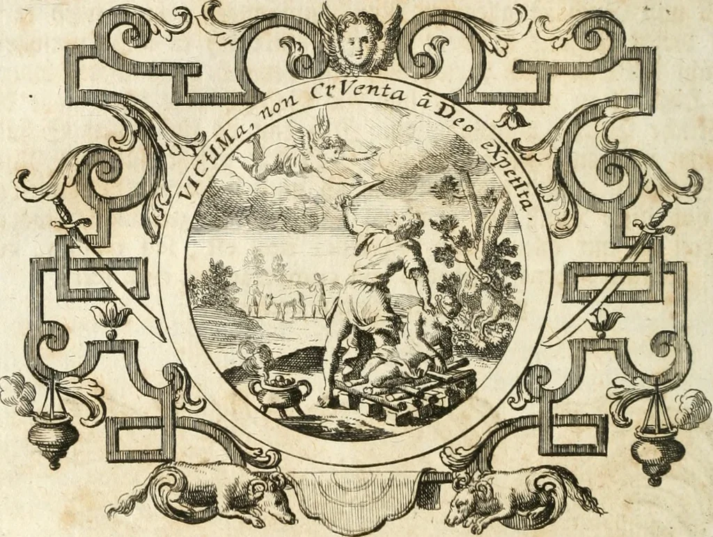 An illustration from VIrtVosIVs pantheon, Deo & sanCtIs ereCtVM, id est, Sermones panegyrici de praecipuis sacrorum ordinum fundatoribus, patriarchis, aliisque terrarum patronis, ad normam & formam Psalmo-graphi, Psal. 148.v.I : LaVDate IpsVM In eXCeLsIs : insertis nonnullis festis de B.M.V. de circumcisione Domini &c. & duodecim signis praedestinationis, quorum singula singulis mensibus praefiguntur cum symbolis chrono-graphicis, & figuris = Das ist, Lob-Predigen von denen fürnehmsten heil. Ordens-Stifftern, Patriarchen, und andern heiligen Lands-Patronen : dann auch auff etwelchen Mariae-Festtägen, und von denen 12. Zeichen der göttlichen Gnaden-Wahl, deren jedes jedem Monat vorgesetzt wird : pars [I-III], 1723, leaf 213
