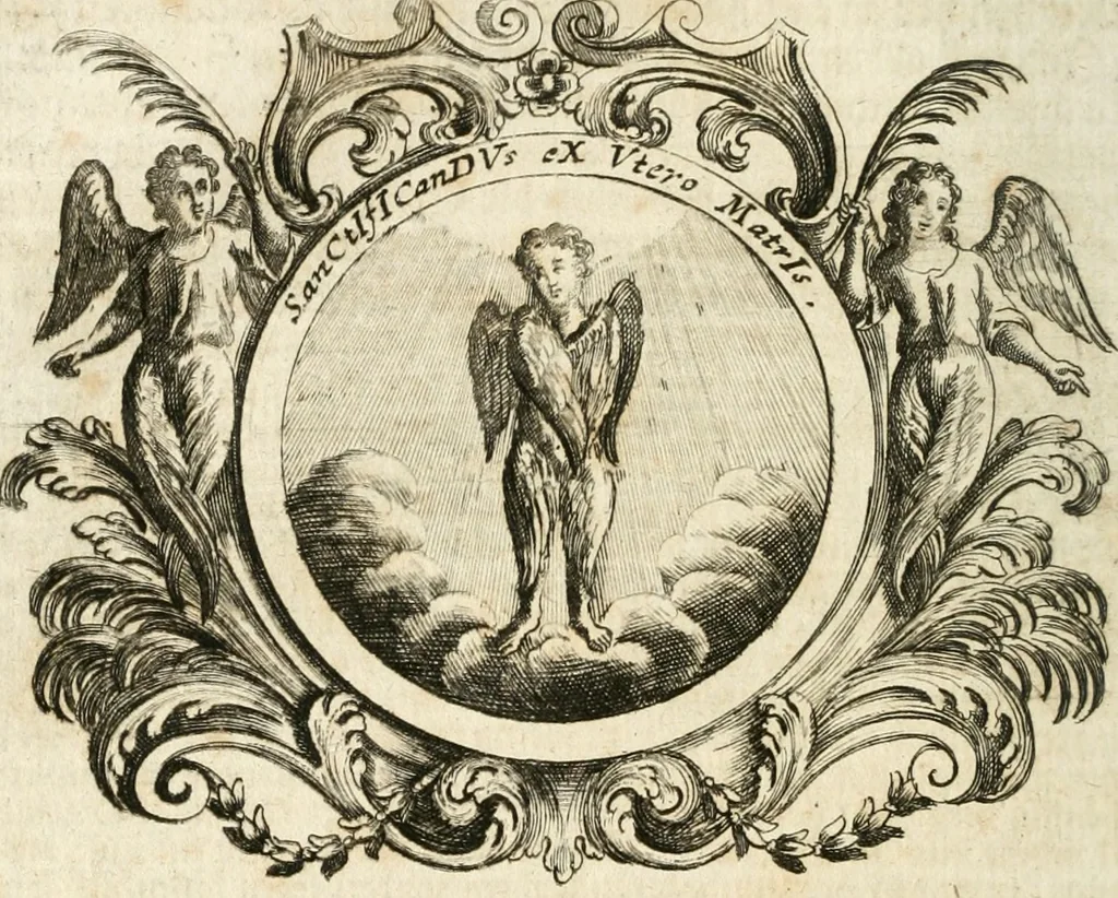 An illustration from VIrtVosIVs pantheon, Deo & sanCtIs ereCtVM, id est, Sermones panegyrici de praecipuis sacrorum ordinum fundatoribus, patriarchis, aliisque terrarum patronis, ad normam & formam Psalmo-graphi, Psal. 148.v.I : LaVDate IpsVM In eXCeLsIs : insertis nonnullis festis de B.M.V. de circumcisione Domini &c. & duodecim signis praedestinationis, quorum singula singulis mensibus praefiguntur cum symbolis chrono-graphicis, & figuris = Das ist, Lob-Predigen von denen fürnehmsten heil. Ordens-Stifftern, Patriarchen, und andern heiligen Lands-Patronen : dann auch auff etwelchen Mariae-Festtägen, und von denen 12. Zeichen der göttlichen Gnaden-Wahl, deren jedes jedem Monat vorgesetzt wird : pars [I-III], 1723, leaf 225