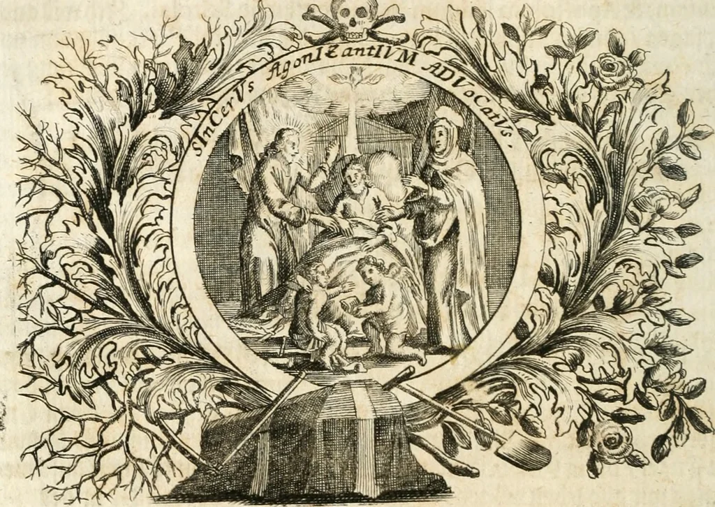 An illustration from VIrtVosIVs pantheon, Deo & sanCtIs ereCtVM, id est, Sermones panegyrici de praecipuis sacrorum ordinum fundatoribus, patriarchis, aliisque terrarum patronis, ad normam & formam Psalmo-graphi, Psal. 148.v.I : LaVDate IpsVM In eXCeLsIs : insertis nonnullis festis de B.M.V. de circumcisione Domini &c. & duodecim signis praedestinationis, quorum singula singulis mensibus praefiguntur cum symbolis chrono-graphicis, & figuris = Das ist, Lob-Predigen von denen fürnehmsten heil. Ordens-Stifftern, Patriarchen, und andern heiligen Lands-Patronen : dann auch auff etwelchen Mariae-Festtägen, und von denen 12. Zeichen der göttlichen Gnaden-Wahl, deren jedes jedem Monat vorgesetzt wird : pars [I-III], 1723, leaf 237