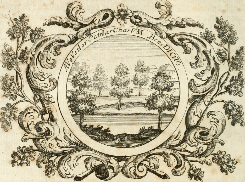 An illustration from VIrtVosIVs pantheon, Deo & sanCtIs ereCtVM, id est, Sermones panegyrici de praecipuis sacrorum ordinum fundatoribus, patriarchis, aliisque terrarum patronis, ad normam & formam Psalmo-graphi, Psal. 148.v.I : LaVDate IpsVM In eXCeLsIs : insertis nonnullis festis de B.M.V. de circumcisione Domini &c. & duodecim signis praedestinationis, quorum singula singulis mensibus praefiguntur cum symbolis chrono-graphicis, & figuris = Das ist, Lob-Predigen von denen fürnehmsten heil. Ordens-Stifftern, Patriarchen, und andern heiligen Lands-Patronen : dann auch auff etwelchen Mariae-Festtägen, und von denen 12. Zeichen der göttlichen Gnaden-Wahl, deren jedes jedem Monat vorgesetzt wird : pars [I-III], 1723, leaf 251