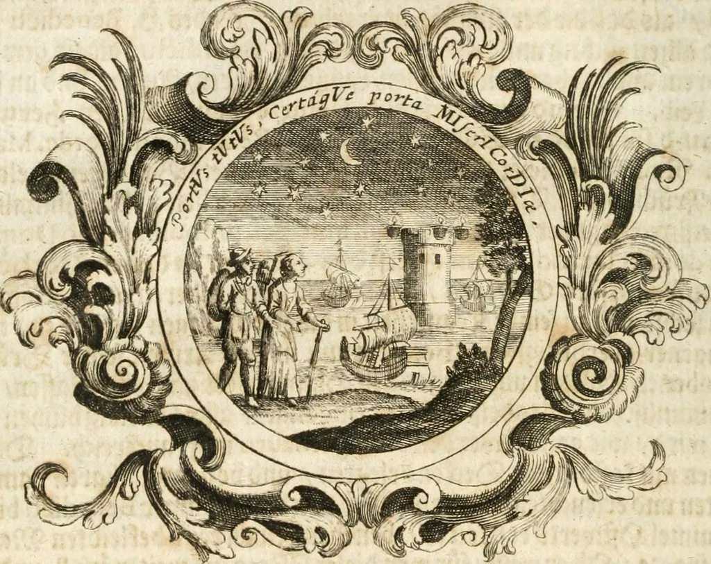 An illustration from VIrtVosIVs pantheon, Deo & sanCtIs ereCtVM, id est, Sermones panegyrici de praecipuis sacrorum ordinum fundatoribus, patriarchis, aliisque terrarum patronis, ad normam & formam Psalmo-graphi, Psal. 148.v.I : LaVDate IpsVM In eXCeLsIs : insertis nonnullis festis de B.M.V. de circumcisione Domini &c. & duodecim signis praedestinationis, quorum singula singulis mensibus praefiguntur cum symbolis chrono-graphicis, & figuris = Das ist, Lob-Predigen von denen fürnehmsten heil. Ordens-Stifftern, Patriarchen, und andern heiligen Lands-Patronen : dann auch auff etwelchen Mariae-Festtägen, und von denen 12. Zeichen der göttlichen Gnaden-Wahl, deren jedes jedem Monat vorgesetzt wird : pars [I-III], 1723, leaf 263