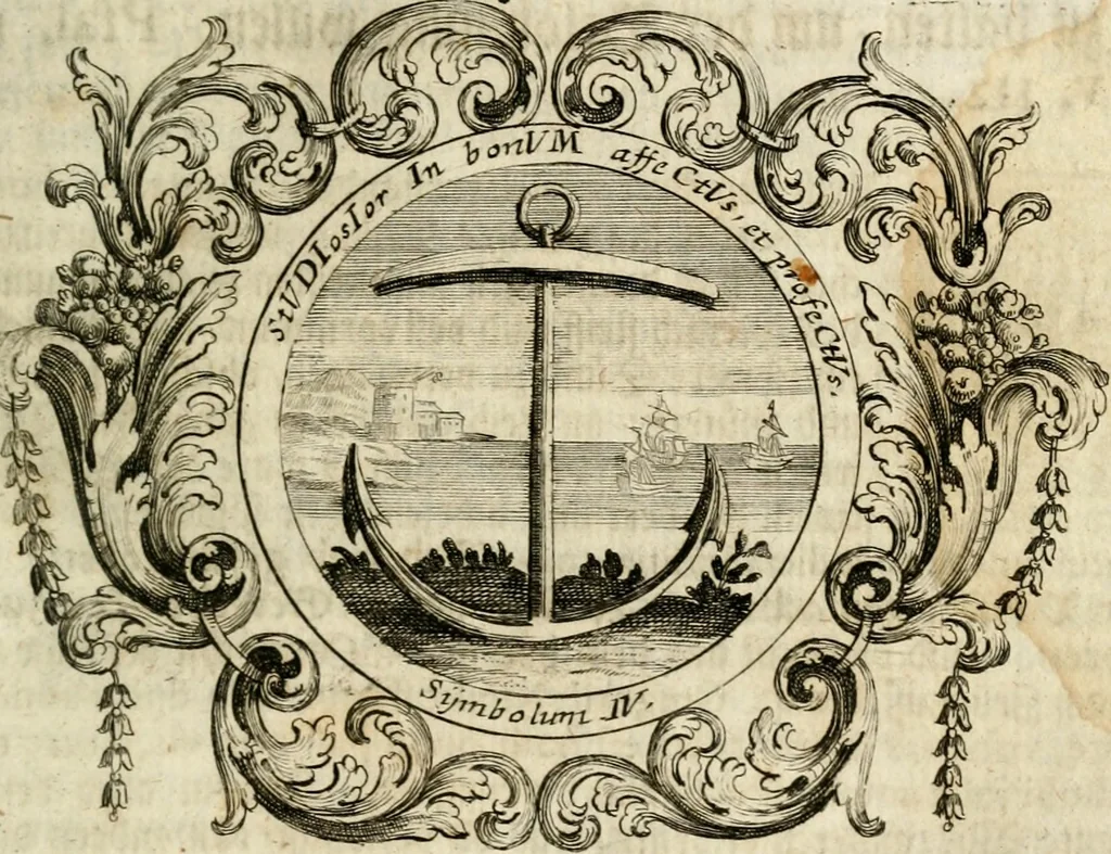 An illustration from VIrtVosIVs pantheon, Deo & sanCtIs ereCtVM, id est, Sermones panegyrici de praecipuis sacrorum ordinum fundatoribus, patriarchis, aliisque terrarum patronis, ad normam & formam Psalmo-graphi, Psal. 148.v.I : LaVDate IpsVM In eXCeLsIs : insertis nonnullis festis de B.M.V. de circumcisione Domini &c. & duodecim signis praedestinationis, quorum singula singulis mensibus praefiguntur cum symbolis chrono-graphicis, & figuris = Das ist, Lob-Predigen von denen fürnehmsten heil. Ordens-Stifftern, Patriarchen, und andern heiligen Lands-Patronen : dann auch auff etwelchen Mariae-Festtägen, und von denen 12. Zeichen der göttlichen Gnaden-Wahl, deren jedes jedem Monat vorgesetzt wird : pars [I-III], 1723, leaf 278
