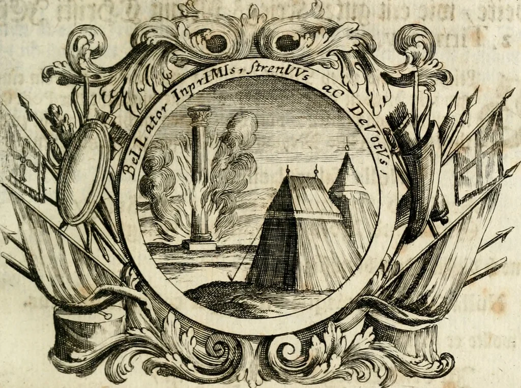 An illustration from VIrtVosIVs pantheon, Deo & sanCtIs ereCtVM, id est, Sermones panegyrici de praecipuis sacrorum ordinum fundatoribus, patriarchis, aliisque terrarum patronis, ad normam & formam Psalmo-graphi, Psal. 148.v.I : LaVDate IpsVM In eXCeLsIs : insertis nonnullis festis de B.M.V. de circumcisione Domini &c. & duodecim signis praedestinationis, quorum singula singulis mensibus praefiguntur cum symbolis chrono-graphicis, & figuris = Das ist, Lob-Predigen von denen fürnehmsten heil. Ordens-Stifftern, Patriarchen, und andern heiligen Lands-Patronen : dann auch auff etwelchen Mariae-Festtägen, und von denen 12. Zeichen der göttlichen Gnaden-Wahl, deren jedes jedem Monat vorgesetzt wird : pars [I-III], 1723, leaf 296