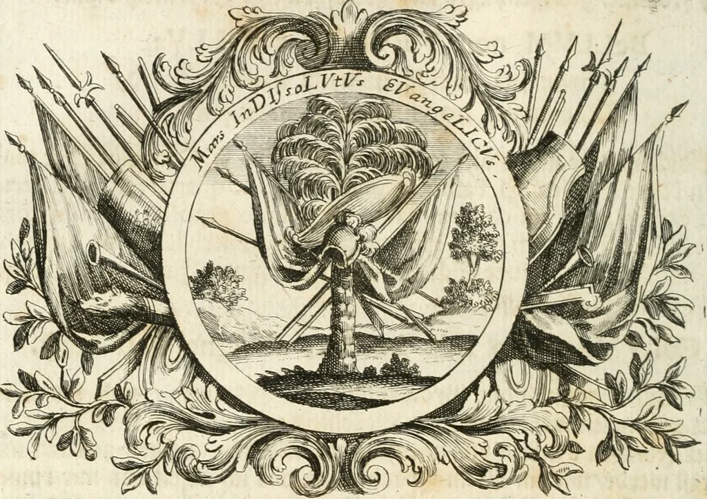 An illustration from VIrtVosIVs pantheon, Deo & sanCtIs ereCtVM, id est, Sermones panegyrici de praecipuis sacrorum ordinum fundatoribus, patriarchis, aliisque terrarum patronis, ad normam & formam Psalmo-graphi, Psal. 148.v.I : LaVDate IpsVM In eXCeLsIs : insertis nonnullis festis de B.M.V. de circumcisione Domini &c. & duodecim signis praedestinationis, quorum singula singulis mensibus praefiguntur cum symbolis chrono-graphicis, & figuris = Das ist, Lob-Predigen von denen fürnehmsten heil. Ordens-Stifftern, Patriarchen, und andern heiligen Lands-Patronen : dann auch auff etwelchen Mariae-Festtägen, und von denen 12. Zeichen der göttlichen Gnaden-Wahl, deren jedes jedem Monat vorgesetzt wird : pars [I-III], 1723, leaf 307