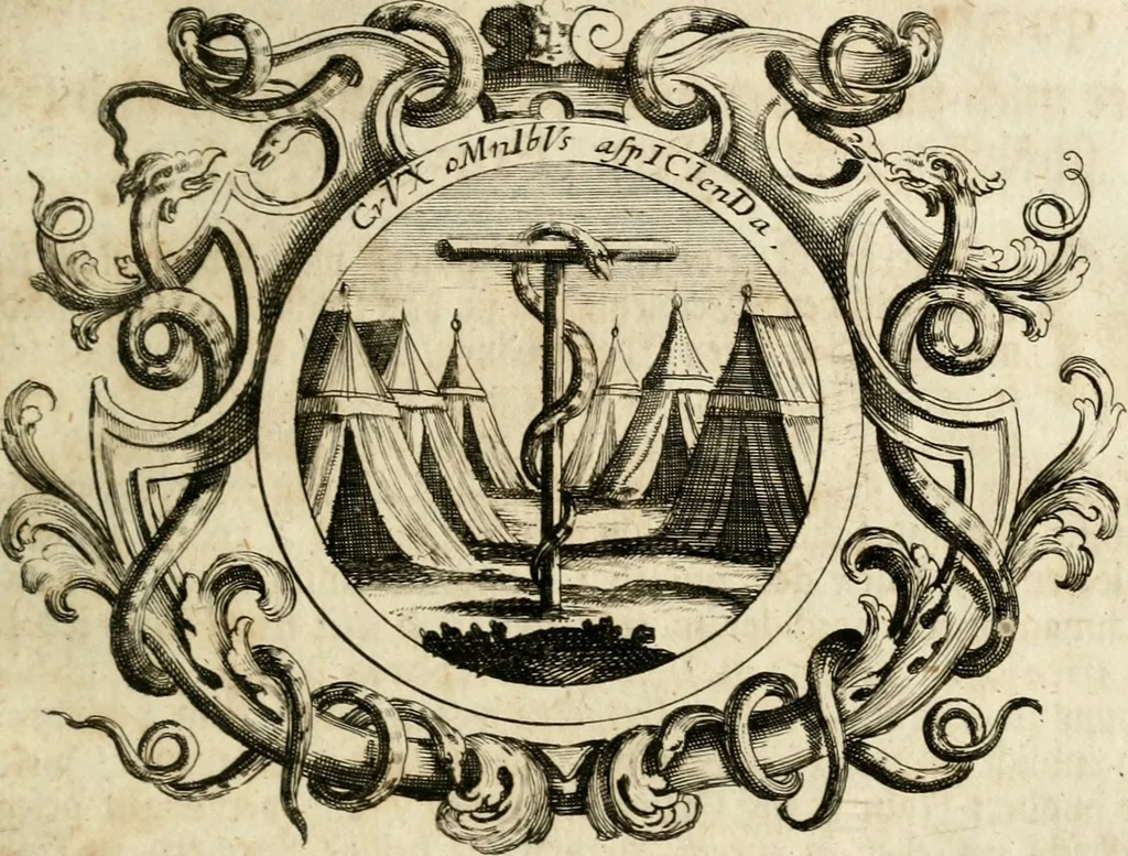 An illustration from VIrtVosIVs pantheon, Deo & sanCtIs ereCtVM, id est, Sermones panegyrici de praecipuis sacrorum ordinum fundatoribus, patriarchis, aliisque terrarum patronis, ad normam & formam Psalmo-graphi, Psal. 148.v.I : LaVDate IpsVM In eXCeLsIs : insertis nonnullis festis de B.M.V. de circumcisione Domini &c. & duodecim signis praedestinationis, quorum singula singulis mensibus praefiguntur cum symbolis chrono-graphicis, & figuris = Das ist, Lob-Predigen von denen fürnehmsten heil. Ordens-Stifftern, Patriarchen, und andern heiligen Lands-Patronen : dann auch auff etwelchen Mariae-Festtägen, und von denen 12. Zeichen der göttlichen Gnaden-Wahl, deren jedes jedem Monat vorgesetzt wird : pars [I-III], 1723, leaf 338