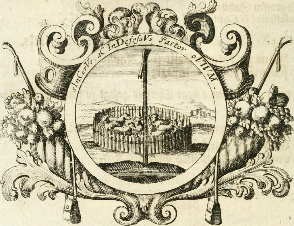 An illustration from VIrtVosIVs pantheon, Deo & sanCtIs ereCtVM, id est, Sermones panegyrici de praecipuis sacrorum ordinum fundatoribus, patriarchis, aliisque terrarum patronis, ad normam & formam Psalmo-graphi, Psal. 148.v.I : LaVDate IpsVM In eXCeLsIs : insertis nonnullis festis de B.M.V. de circumcisione Domini &c. & duodecim signis praedestinationis, quorum singula singulis mensibus praefiguntur cum symbolis chrono-graphicis, & figuris = Das ist, Lob-Predigen von denen fürnehmsten heil. Ordens-Stifftern, Patriarchen, und andern heiligen Lands-Patronen : dann auch auff etwelchen Mariae-Festtägen, und von denen 12. Zeichen der göttlichen Gnaden-Wahl, deren jedes jedem Monat vorgesetzt wird : pars [I-III], 1723, leaf 363
