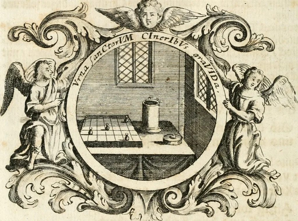 An illustration from VIrtVosIVs pantheon, Deo & sanCtIs ereCtVM, id est, Sermones panegyrici de praecipuis sacrorum ordinum fundatoribus, patriarchis, aliisque terrarum patronis, ad normam & formam Psalmo-graphi, Psal. 148.v.I : LaVDate IpsVM In eXCeLsIs : insertis nonnullis festis de B.M.V. de circumcisione Domini &c. & duodecim signis praedestinationis, quorum singula singulis mensibus praefiguntur cum symbolis chrono-graphicis, & figuris = Das ist, Lob-Predigen von denen fürnehmsten heil. Ordens-Stifftern, Patriarchen, und andern heiligen Lands-Patronen : dann auch auff etwelchen Mariae-Festtägen, und von denen 12. Zeichen der göttlichen Gnaden-Wahl, deren jedes jedem Monat vorgesetzt wird : pars [I-III], 1723, leaf 375