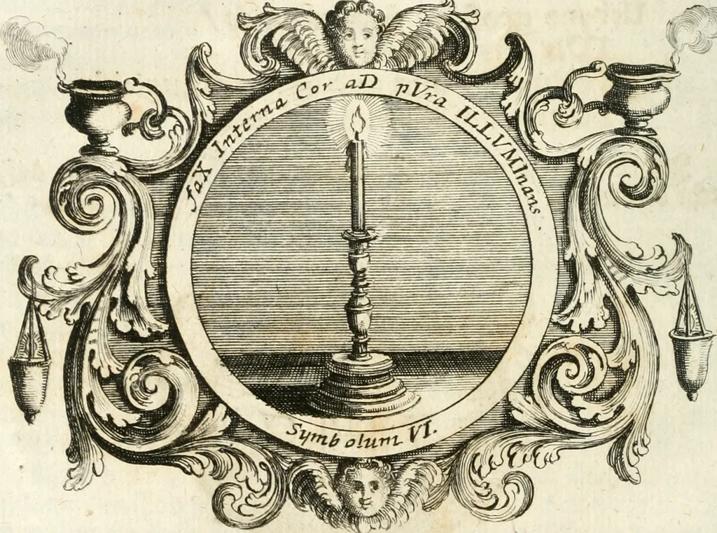 An illustration from VIrtVosIVs pantheon, Deo & sanCtIs ereCtVM, id est, Sermones panegyrici de praecipuis sacrorum ordinum fundatoribus, patriarchis, aliisque terrarum patronis, ad normam & formam Psalmo-graphi, Psal. 148.v.I : LaVDate IpsVM In eXCeLsIs : insertis nonnullis festis de B.M.V. de circumcisione Domini &c. & duodecim signis praedestinationis, quorum singula singulis mensibus praefiguntur cum symbolis chrono-graphicis, & figuris = Das ist, Lob-Predigen von denen fürnehmsten heil. Ordens-Stifftern, Patriarchen, und andern heiligen Lands-Patronen : dann auch auff etwelchen Mariae-Festtägen, und von denen 12. Zeichen der göttlichen Gnaden-Wahl, deren jedes jedem Monat vorgesetzt wird : pars [I-III], 1723, leaf 387