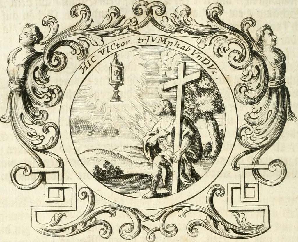 An illustration from VIrtVosIVs pantheon, Deo & sanCtIs ereCtVM, id est, Sermones panegyrici de praecipuis sacrorum ordinum fundatoribus, patriarchis, aliisque terrarum patronis, ad normam & formam Psalmo-graphi, Psal. 148.v.I : LaVDate IpsVM In eXCeLsIs : insertis nonnullis festis de B.M.V. de circumcisione Domini &c. & duodecim signis praedestinationis, quorum singula singulis mensibus praefiguntur cum symbolis chrono-graphicis, & figuris = Das ist, Lob-Predigen von denen fürnehmsten heil. Ordens-Stifftern, Patriarchen, und andern heiligen Lands-Patronen : dann auch auff etwelchen Mariae-Festtägen, und von denen 12. Zeichen der göttlichen Gnaden-Wahl, deren jedes jedem Monat vorgesetzt wird : pars [I-III], 1723, leaf 391
