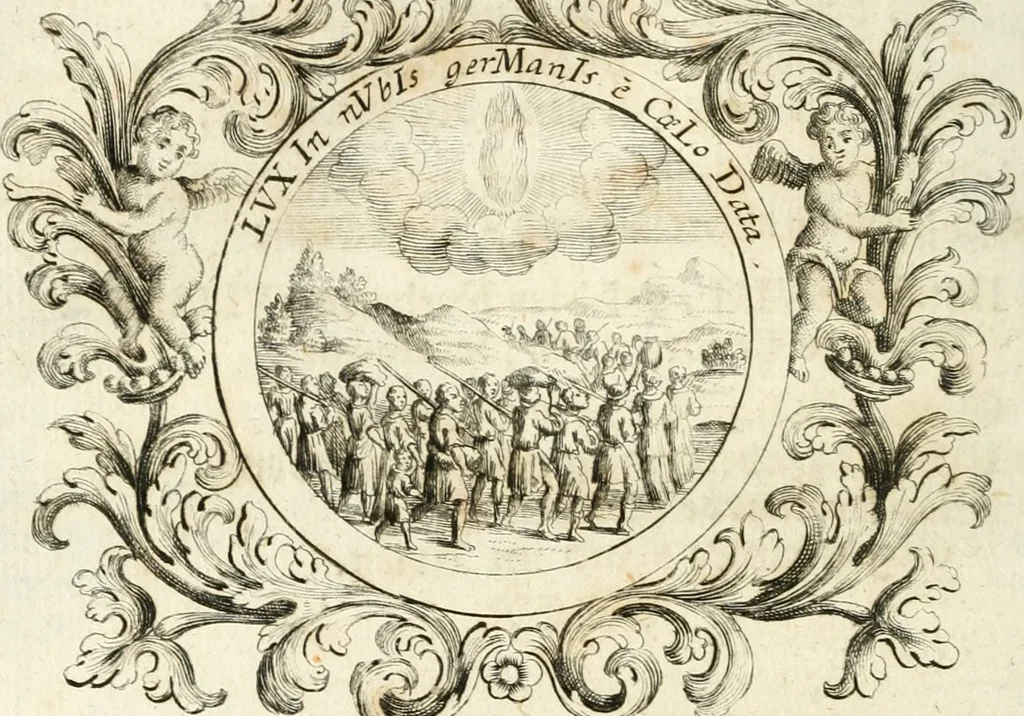An illustration from VIrtVosIVs pantheon, Deo & sanCtIs ereCtVM, id est, Sermones panegyrici de praecipuis sacrorum ordinum fundatoribus, patriarchis, aliisque terrarum patronis, ad normam & formam Psalmo-graphi, Psal. 148.v.I : LaVDate IpsVM In eXCeLsIs : insertis nonnullis festis de B.M.V. de circumcisione Domini &c. & duodecim signis praedestinationis, quorum singula singulis mensibus praefiguntur cum symbolis chrono-graphicis, & figuris = Das ist, Lob-Predigen von denen fürnehmsten heil. Ordens-Stifftern, Patriarchen, und andern heiligen Lands-Patronen : dann auch auff etwelchen Mariae-Festtägen, und von denen 12. Zeichen der göttlichen Gnaden-Wahl, deren jedes jedem Monat vorgesetzt wird : pars [I-III], 1723, leaf 403