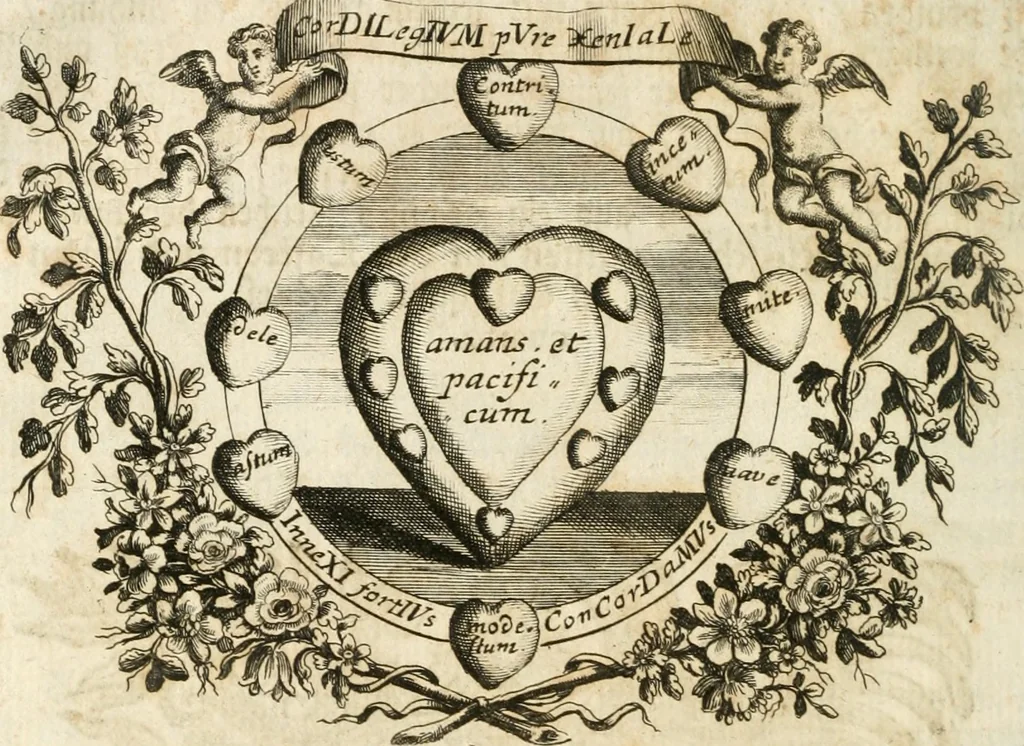 An illustration from VIrtVosIVs pantheon, Deo & sanCtIs ereCtVM, id est, Sermones panegyrici de praecipuis sacrorum ordinum fundatoribus, patriarchis, aliisque terrarum patronis, ad normam & formam Psalmo-graphi, Psal. 148.v.I : LaVDate IpsVM In eXCeLsIs : insertis nonnullis festis de B.M.V. de circumcisione Domini &c. & duodecim signis praedestinationis, quorum singula singulis mensibus praefiguntur cum symbolis chrono-graphicis, & figuris = Das ist, Lob-Predigen von denen fürnehmsten heil. Ordens-Stifftern, Patriarchen, und andern heiligen Lands-Patronen : dann auch auff etwelchen Mariae-Festtägen, und von denen 12. Zeichen der göttlichen Gnaden-Wahl, deren jedes jedem Monat vorgesetzt wird : pars [I-III], 1723, leaf 47