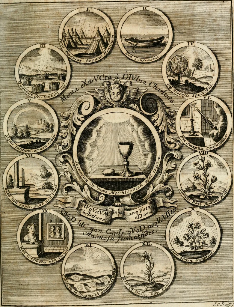 An illustration from VIrtVosIVs pantheon, Deo & sanCtIs ereCtVM, id est, Sermones panegyrici de praecipuis sacrorum ordinum fundatoribus, patriarchis, aliisque terrarum patronis, ad normam & formam Psalmo-graphi, Psal. 148.v.I : LaVDate IpsVM In eXCeLsIs : insertis nonnullis festis de B.M.V. de circumcisione Domini &c. & duodecim signis praedestinationis, quorum singula singulis mensibus praefiguntur cum symbolis chrono-graphicis, & figuris = Das ist, Lob-Predigen von denen fürnehmsten heil. Ordens-Stifftern, Patriarchen, und andern heiligen Lands-Patronen : dann auch auff etwelchen Mariae-Festtägen, und von denen 12. Zeichen der göttlichen Gnaden-Wahl, deren jedes jedem Monat vorgesetzt wird : pars [I-III], 1723, leaf 496