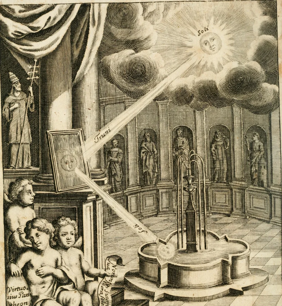 An illustration from VIrtVosIVs pantheon, Deo & sanCtIs ereCtVM, id est, Sermones panegyrici de praecipuis sacrorum ordinum fundatoribus, patriarchis, aliisque terrarum patronis, ad normam & formam Psalmo-graphi, Psal. 148.v.I : LaVDate IpsVM In eXCeLsIs : insertis nonnullis festis de B.M.V. de circumcisione Domini &c. & duodecim signis praedestinationis, quorum singula singulis mensibus praefiguntur cum symbolis chrono-graphicis, & figuris = Das ist, Lob-Predigen von denen fürnehmsten heil. Ordens-Stifftern, Patriarchen, und andern heiligen Lands-Patronen : dann auch auff etwelchen Mariae-Festtägen, und von denen 12. Zeichen der göttlichen Gnaden-Wahl, deren jedes jedem Monat vorgesetzt wird : pars [I-III], 1723, leaf 5