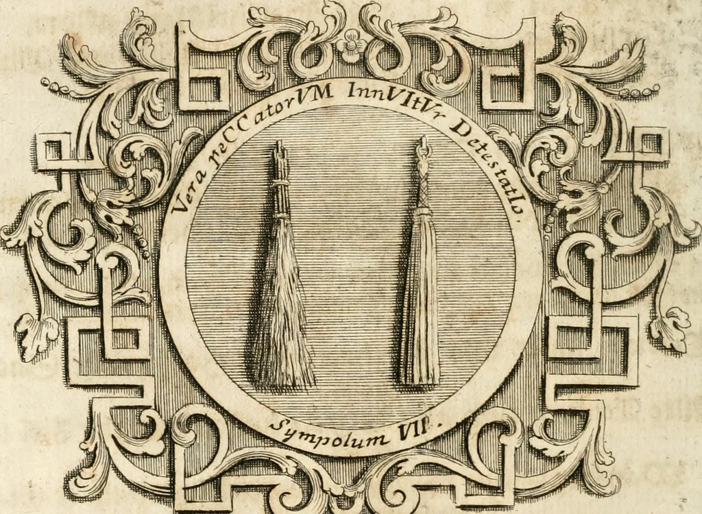 An illustration from VIrtVosIVs pantheon, Deo & sanCtIs ereCtVM, id est, Sermones panegyrici de praecipuis sacrorum ordinum fundatoribus, patriarchis, aliisque terrarum patronis, ad normam & formam Psalmo-graphi, Psal. 148.v.I : LaVDate IpsVM In eXCeLsIs : insertis nonnullis festis de B.M.V. de circumcisione Domini &c. & duodecim signis praedestinationis, quorum singula singulis mensibus praefiguntur cum symbolis chrono-graphicis, & figuris = Das ist, Lob-Predigen von denen fürnehmsten heil. Ordens-Stifftern, Patriarchen, und andern heiligen Lands-Patronen : dann auch auff etwelchen Mariae-Festtägen, und von denen 12. Zeichen der göttlichen Gnaden-Wahl, deren jedes jedem Monat vorgesetzt wird : pars [I-III], 1723, leaf 509