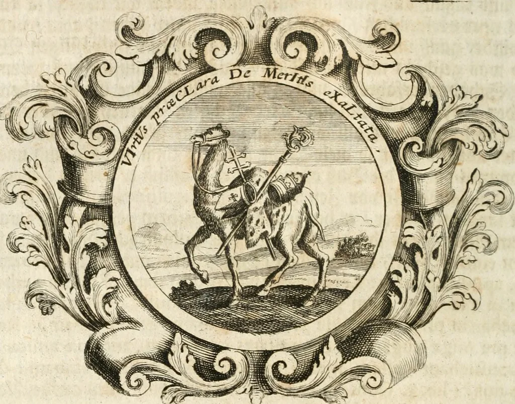 An illustration from VIrtVosIVs pantheon, Deo & sanCtIs ereCtVM, id est, Sermones panegyrici de praecipuis sacrorum ordinum fundatoribus, patriarchis, aliisque terrarum patronis, ad normam & formam Psalmo-graphi, Psal. 148.v.I : LaVDate IpsVM In eXCeLsIs : insertis nonnullis festis de B.M.V. de circumcisione Domini &c. & duodecim signis praedestinationis, quorum singula singulis mensibus praefiguntur cum symbolis chrono-graphicis, & figuris = Das ist, Lob-Predigen von denen fürnehmsten heil. Ordens-Stifftern, Patriarchen, und andern heiligen Lands-Patronen : dann auch auff etwelchen Mariae-Festtägen, und von denen 12. Zeichen der göttlichen Gnaden-Wahl, deren jedes jedem Monat vorgesetzt wird : pars [I-III], 1723, leaf 513