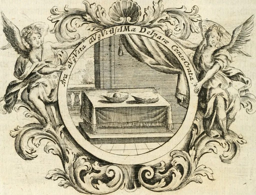 An illustration from VIrtVosIVs pantheon, Deo & sanCtIs ereCtVM, id est, Sermones panegyrici de praecipuis sacrorum ordinum fundatoribus, patriarchis, aliisque terrarum patronis, ad normam & formam Psalmo-graphi, Psal. 148.v.I : LaVDate IpsVM In eXCeLsIs : insertis nonnullis festis de B.M.V. de circumcisione Domini &c. & duodecim signis praedestinationis, quorum singula singulis mensibus praefiguntur cum symbolis chrono-graphicis, & figuris = Das ist, Lob-Predigen von denen fürnehmsten heil. Ordens-Stifftern, Patriarchen, und andern heiligen Lands-Patronen : dann auch auff etwelchen Mariae-Festtägen, und von denen 12. Zeichen der göttlichen Gnaden-Wahl, deren jedes jedem Monat vorgesetzt wird : pars [I-III], 1723, leaf 525