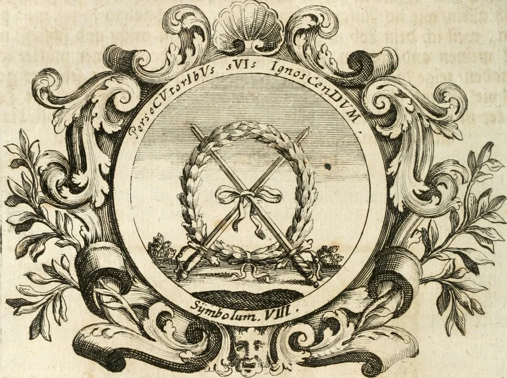 An illustration from VIrtVosIVs pantheon, Deo & sanCtIs ereCtVM, id est, Sermones panegyrici de praecipuis sacrorum ordinum fundatoribus, patriarchis, aliisque terrarum patronis, ad normam & formam Psalmo-graphi, Psal. 148.v.I : LaVDate IpsVM In eXCeLsIs : insertis nonnullis festis de B.M.V. de circumcisione Domini &c. & duodecim signis praedestinationis, quorum singula singulis mensibus praefiguntur cum symbolis chrono-graphicis, & figuris = Das ist, Lob-Predigen von denen fürnehmsten heil. Ordens-Stifftern, Patriarchen, und andern heiligen Lands-Patronen : dann auch auff etwelchen Mariae-Festtägen, und von denen 12. Zeichen der göttlichen Gnaden-Wahl, deren jedes jedem Monat vorgesetzt wird : pars [I-III], 1723, leaf 539