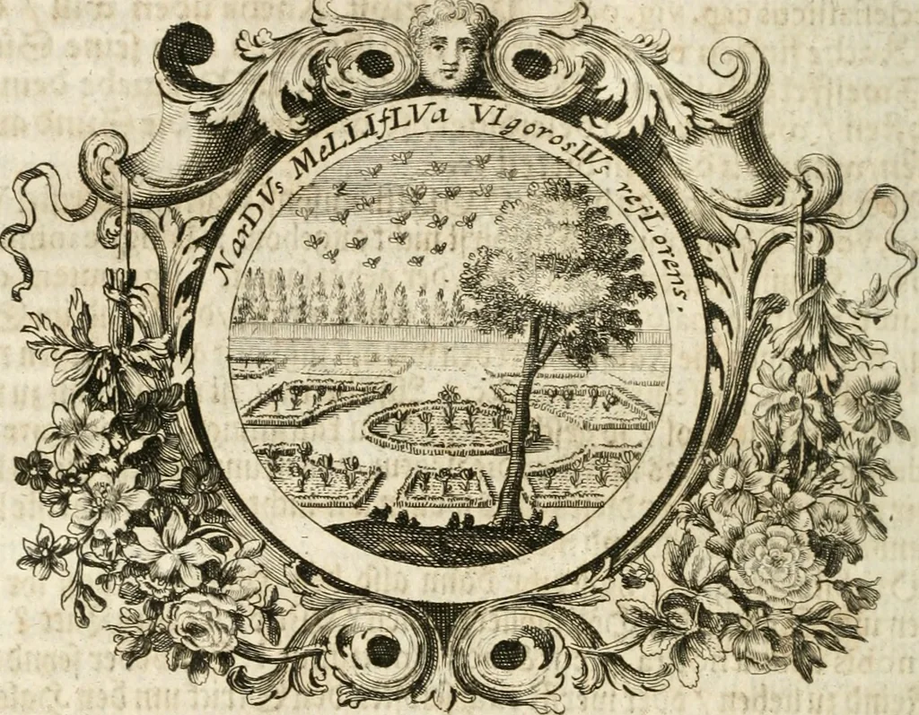 An illustration from VIrtVosIVs pantheon, Deo & sanCtIs ereCtVM, id est, Sermones panegyrici de praecipuis sacrorum ordinum fundatoribus, patriarchis, aliisque terrarum patronis, ad normam & formam Psalmo-graphi, Psal. 148.v.I : LaVDate IpsVM In eXCeLsIs : insertis nonnullis festis de B.M.V. de circumcisione Domini &c. & duodecim signis praedestinationis, quorum singula singulis mensibus praefiguntur cum symbolis chrono-graphicis, & figuris = Das ist, Lob-Predigen von denen fürnehmsten heil. Ordens-Stifftern, Patriarchen, und andern heiligen Lands-Patronen : dann auch auff etwelchen Mariae-Festtägen, und von denen 12. Zeichen der göttlichen Gnaden-Wahl, deren jedes jedem Monat vorgesetzt wird : pars [I-III], 1723, leaf 543