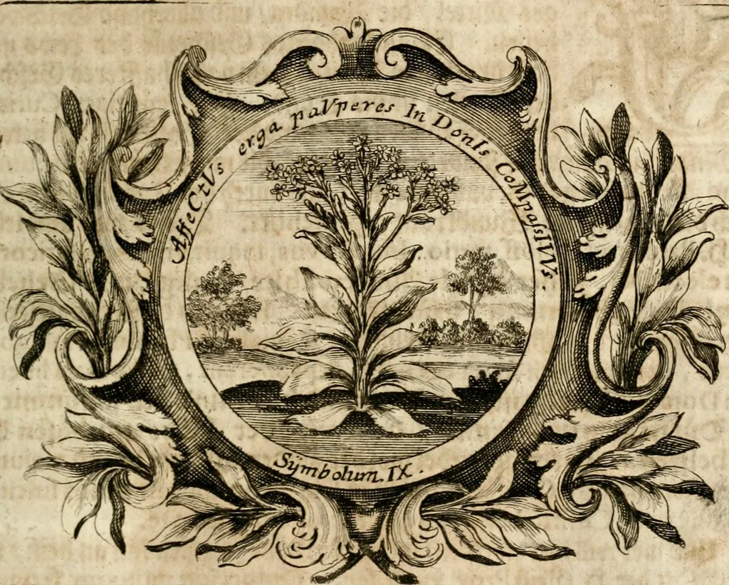 An illustration from VIrtVosIVs pantheon, Deo & sanCtIs ereCtVM, id est, Sermones panegyrici de praecipuis sacrorum ordinum fundatoribus, patriarchis, aliisque terrarum patronis, ad normam & formam Psalmo-graphi, Psal. 148.v.I : LaVDate IpsVM In eXCeLsIs : insertis nonnullis festis de B.M.V. de circumcisione Domini &c. & duodecim signis praedestinationis, quorum singula singulis mensibus praefiguntur cum symbolis chrono-graphicis, & figuris = Das ist, Lob-Predigen von denen fürnehmsten heil. Ordens-Stifftern, Patriarchen, und andern heiligen Lands-Patronen : dann auch auff etwelchen Mariae-Festtägen, und von denen 12. Zeichen der göttlichen Gnaden-Wahl, deren jedes jedem Monat vorgesetzt wird : pars [I-III], 1723, leaf 556