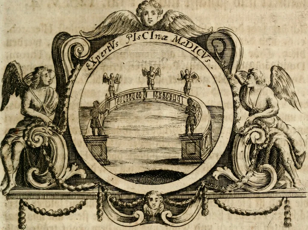 An illustration from VIrtVosIVs pantheon, Deo & sanCtIs ereCtVM, id est, Sermones panegyrici de praecipuis sacrorum ordinum fundatoribus, patriarchis, aliisque terrarum patronis, ad normam & formam Psalmo-graphi, Psal. 148.v.I : LaVDate IpsVM In eXCeLsIs : insertis nonnullis festis de B.M.V. de circumcisione Domini &c. & duodecim signis praedestinationis, quorum singula singulis mensibus praefiguntur cum symbolis chrono-graphicis, & figuris = Das ist, Lob-Predigen von denen fürnehmsten heil. Ordens-Stifftern, Patriarchen, und andern heiligen Lands-Patronen : dann auch auff etwelchen Mariae-Festtägen, und von denen 12. Zeichen der göttlichen Gnaden-Wahl, deren jedes jedem Monat vorgesetzt wird : pars [I-III], 1723, leaf 560