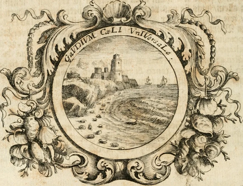 An illustration from VIrtVosIVs pantheon, Deo & sanCtIs ereCtVM, id est, Sermones panegyrici de praecipuis sacrorum ordinum fundatoribus, patriarchis, aliisque terrarum patronis, ad normam & formam Psalmo-graphi, Psal. 148.v.I : LaVDate IpsVM In eXCeLsIs : insertis nonnullis festis de B.M.V. de circumcisione Domini &c. & duodecim signis praedestinationis, quorum singula singulis mensibus praefiguntur cum symbolis chrono-graphicis, & figuris = Das ist, Lob-Predigen von denen fürnehmsten heil. Ordens-Stifftern, Patriarchen, und andern heiligen Lands-Patronen : dann auch auff etwelchen Mariae-Festtägen, und von denen 12. Zeichen der göttlichen Gnaden-Wahl, deren jedes jedem Monat vorgesetzt wird : pars [I-III], 1723, leaf 573