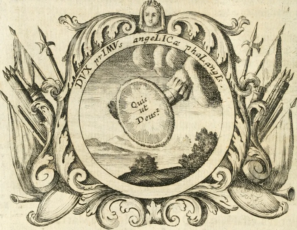 An illustration from VIrtVosIVs pantheon, Deo & sanCtIs ereCtVM, id est, Sermones panegyrici de praecipuis sacrorum ordinum fundatoribus, patriarchis, aliisque terrarum patronis, ad normam & formam Psalmo-graphi, Psal. 148.v.I : LaVDate IpsVM In eXCeLsIs : insertis nonnullis festis de B.M.V. de circumcisione Domini &c. & duodecim signis praedestinationis, quorum singula singulis mensibus praefiguntur cum symbolis chrono-graphicis, & figuris = Das ist, Lob-Predigen von denen fürnehmsten heil. Ordens-Stifftern, Patriarchen, und andern heiligen Lands-Patronen : dann auch auff etwelchen Mariae-Festtägen, und von denen 12. Zeichen der göttlichen Gnaden-Wahl, deren jedes jedem Monat vorgesetzt wird : pars [I-III], 1723, leaf 587