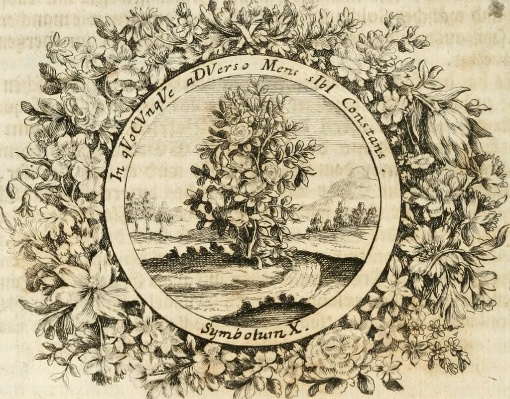 An illustration from VIrtVosIVs pantheon, Deo & sanCtIs ereCtVM, id est, Sermones panegyrici de praecipuis sacrorum ordinum fundatoribus, patriarchis, aliisque terrarum patronis, ad normam & formam Psalmo-graphi, Psal. 148.v.I : LaVDate IpsVM In eXCeLsIs : insertis nonnullis festis de B.M.V. de circumcisione Domini &c. & duodecim signis praedestinationis, quorum singula singulis mensibus praefiguntur cum symbolis chrono-graphicis, & figuris = Das ist, Lob-Predigen von denen fürnehmsten heil. Ordens-Stifftern, Patriarchen, und andern heiligen Lands-Patronen : dann auch auff etwelchen Mariae-Festtägen, und von denen 12. Zeichen der göttlichen Gnaden-Wahl, deren jedes jedem Monat vorgesetzt wird : pars [I-III], 1723, leaf 599