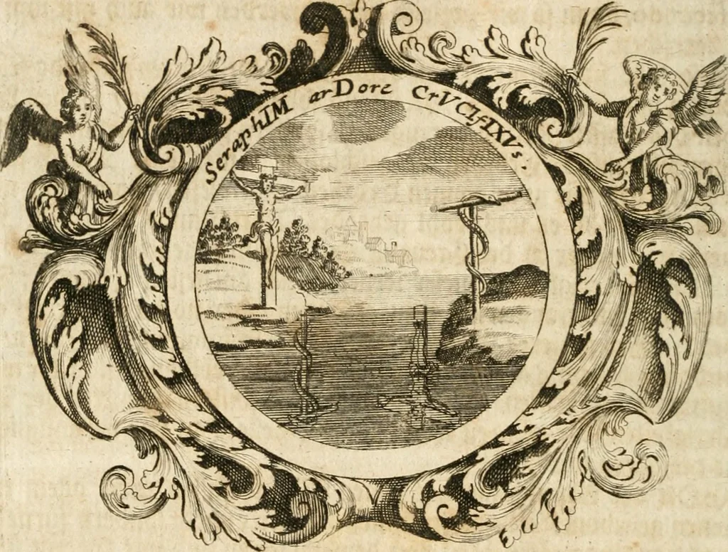 An illustration from VIrtVosIVs pantheon, Deo & sanCtIs ereCtVM, id est, Sermones panegyrici de praecipuis sacrorum ordinum fundatoribus, patriarchis, aliisque terrarum patronis, ad normam & formam Psalmo-graphi, Psal. 148.v.I : LaVDate IpsVM In eXCeLsIs : insertis nonnullis festis de B.M.V. de circumcisione Domini &c. & duodecim signis praedestinationis, quorum singula singulis mensibus praefiguntur cum symbolis chrono-graphicis, & figuris = Das ist, Lob-Predigen von denen fürnehmsten heil. Ordens-Stifftern, Patriarchen, und andern heiligen Lands-Patronen : dann auch auff etwelchen Mariae-Festtägen, und von denen 12. Zeichen der göttlichen Gnaden-Wahl, deren jedes jedem Monat vorgesetzt wird : pars [I-III], 1723, leaf 603