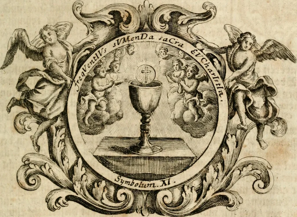 An illustration from VIrtVosIVs pantheon, Deo & sanCtIs ereCtVM, id est, Sermones panegyrici de praecipuis sacrorum ordinum fundatoribus, patriarchis, aliisque terrarum patronis, ad normam & formam Psalmo-graphi, Psal. 148.v.I : LaVDate IpsVM In eXCeLsIs : insertis nonnullis festis de B.M.V. de circumcisione Domini &c. & duodecim signis praedestinationis, quorum singula singulis mensibus praefiguntur cum symbolis chrono-graphicis, & figuris = Das ist, Lob-Predigen von denen fürnehmsten heil. Ordens-Stifftern, Patriarchen, und andern heiligen Lands-Patronen : dann auch auff etwelchen Mariae-Festtägen, und von denen 12. Zeichen der göttlichen Gnaden-Wahl, deren jedes jedem Monat vorgesetzt wird : pars [I-III], 1723, leaf 616