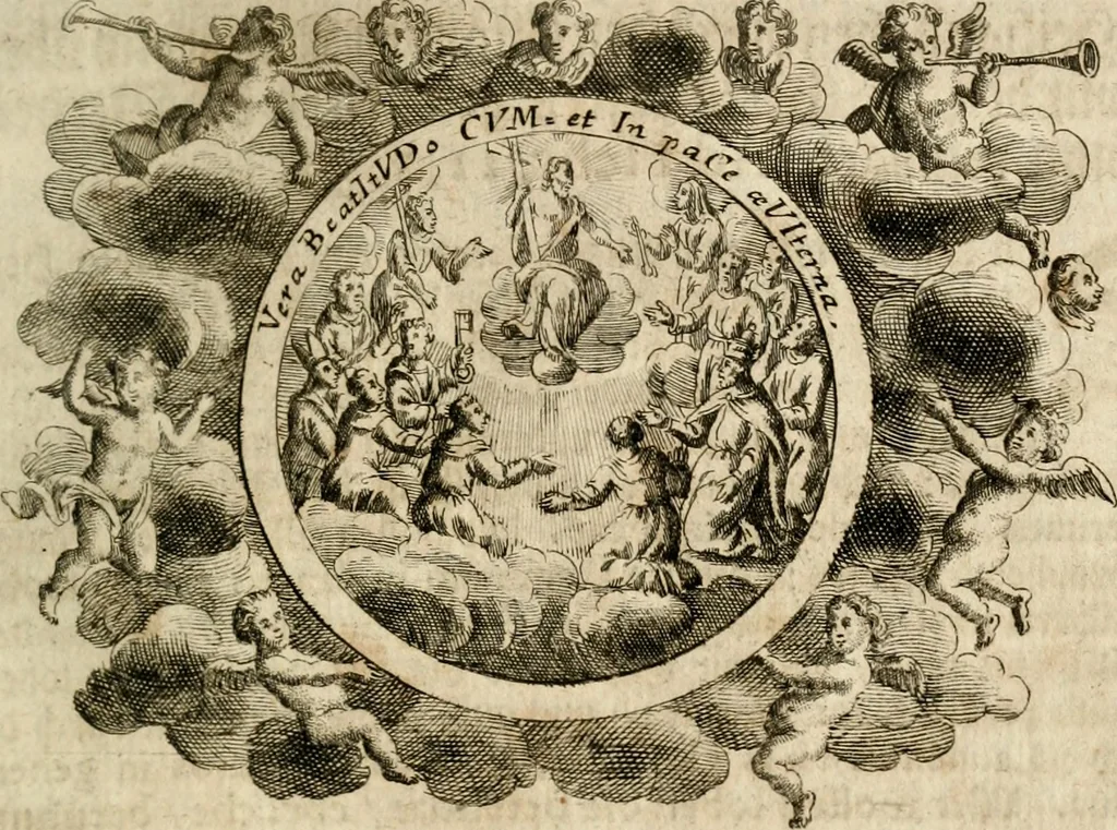 An illustration from VIrtVosIVs pantheon, Deo & sanCtIs ereCtVM, id est, Sermones panegyrici de praecipuis sacrorum ordinum fundatoribus, patriarchis, aliisque terrarum patronis, ad normam & formam Psalmo-graphi, Psal. 148.v.I : LaVDate IpsVM In eXCeLsIs : insertis nonnullis festis de B.M.V. de circumcisione Domini &c. & duodecim signis praedestinationis, quorum singula singulis mensibus praefiguntur cum symbolis chrono-graphicis, & figuris = Das ist, Lob-Predigen von denen fürnehmsten heil. Ordens-Stifftern, Patriarchen, und andern heiligen Lands-Patronen : dann auch auff etwelchen Mariae-Festtägen, und von denen 12. Zeichen der göttlichen Gnaden-Wahl, deren jedes jedem Monat vorgesetzt wird : pars [I-III], 1723, leaf 620