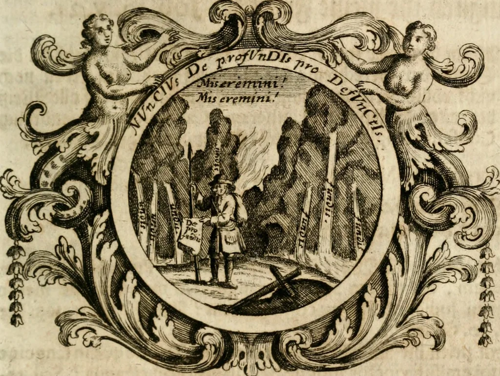 An illustration from VIrtVosIVs pantheon, Deo & sanCtIs ereCtVM, id est, Sermones panegyrici de praecipuis sacrorum ordinum fundatoribus, patriarchis, aliisque terrarum patronis, ad normam & formam Psalmo-graphi, Psal. 148.v.I : LaVDate IpsVM In eXCeLsIs : insertis nonnullis festis de B.M.V. de circumcisione Domini &c. & duodecim signis praedestinationis, quorum singula singulis mensibus praefiguntur cum symbolis chrono-graphicis, & figuris = Das ist, Lob-Predigen von denen fürnehmsten heil. Ordens-Stifftern, Patriarchen, und andern heiligen Lands-Patronen : dann auch auff etwelchen Mariae-Festtägen, und von denen 12. Zeichen der göttlichen Gnaden-Wahl, deren jedes jedem Monat vorgesetzt wird : pars [I-III], 1723, leaf 632