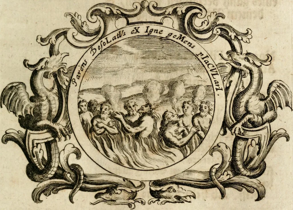 An illustration from VIrtVosIVs pantheon, Deo & sanCtIs ereCtVM, id est, Sermones panegyrici de praecipuis sacrorum ordinum fundatoribus, patriarchis, aliisque terrarum patronis, ad normam & formam Psalmo-graphi, Psal. 148.v.I : LaVDate IpsVM In eXCeLsIs : insertis nonnullis festis de B.M.V. de circumcisione Domini &c. & duodecim signis praedestinationis, quorum singula singulis mensibus praefiguntur cum symbolis chrono-graphicis, & figuris = Das ist, Lob-Predigen von denen fürnehmsten heil. Ordens-Stifftern, Patriarchen, und andern heiligen Lands-Patronen : dann auch auff etwelchen Mariae-Festtägen, und von denen 12. Zeichen der göttlichen Gnaden-Wahl, deren jedes jedem Monat vorgesetzt wird : pars [I-III], 1723, leaf 646