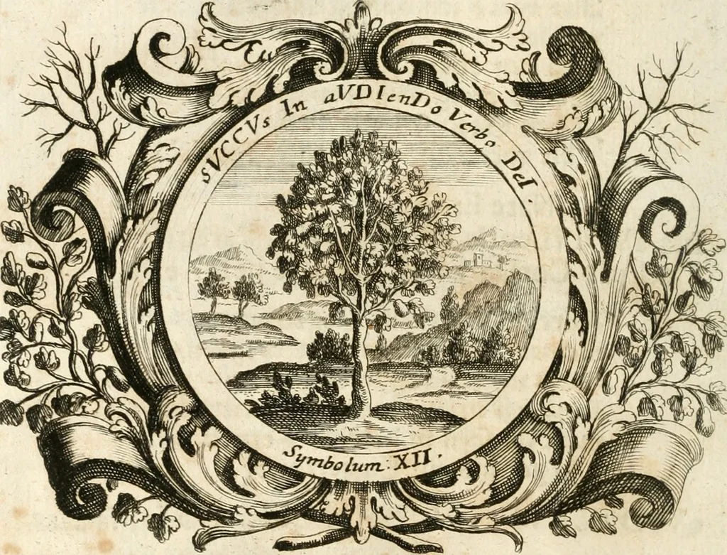 An illustration from VIrtVosIVs pantheon, Deo & sanCtIs ereCtVM, id est, Sermones panegyrici de praecipuis sacrorum ordinum fundatoribus, patriarchis, aliisque terrarum patronis, ad normam & formam Psalmo-graphi, Psal. 148.v.I : LaVDate IpsVM In eXCeLsIs : insertis nonnullis festis de B.M.V. de circumcisione Domini &c. & duodecim signis praedestinationis, quorum singula singulis mensibus praefiguntur cum symbolis chrono-graphicis, & figuris = Das ist, Lob-Predigen von denen fürnehmsten heil. Ordens-Stifftern, Patriarchen, und andern heiligen Lands-Patronen : dann auch auff etwelchen Mariae-Festtägen, und von denen 12. Zeichen der göttlichen Gnaden-Wahl, deren jedes jedem Monat vorgesetzt wird : pars [I-III], 1723, leaf 655