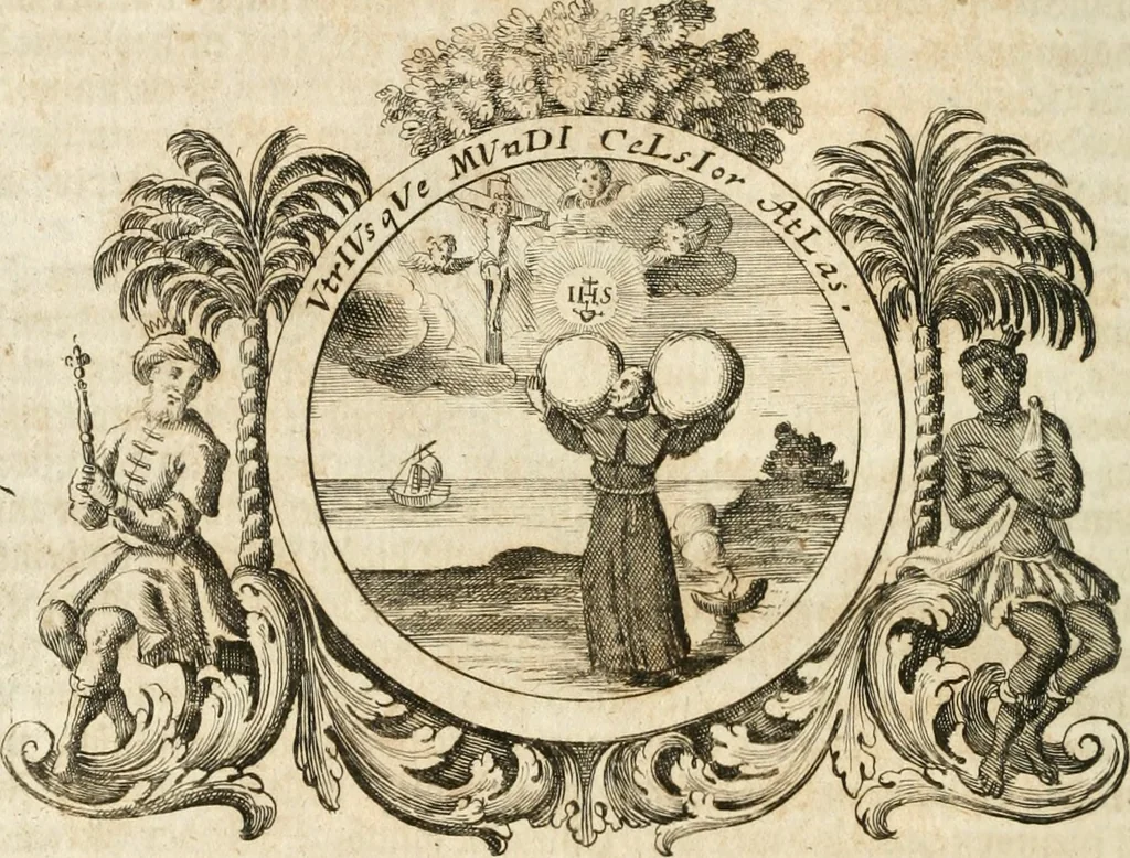 An illustration from VIrtVosIVs pantheon, Deo & sanCtIs ereCtVM, id est, Sermones panegyrici de praecipuis sacrorum ordinum fundatoribus, patriarchis, aliisque terrarum patronis, ad normam & formam Psalmo-graphi, Psal. 148.v.I : LaVDate IpsVM In eXCeLsIs : insertis nonnullis festis de B.M.V. de circumcisione Domini &c. & duodecim signis praedestinationis, quorum singula singulis mensibus praefiguntur cum symbolis chrono-graphicis, & figuris = Das ist, Lob-Predigen von denen fürnehmsten heil. Ordens-Stifftern, Patriarchen, und andern heiligen Lands-Patronen : dann auch auff etwelchen Mariae-Festtägen, und von denen 12. Zeichen der göttlichen Gnaden-Wahl, deren jedes jedem Monat vorgesetzt wird : pars [I-III], 1723, leaf 659