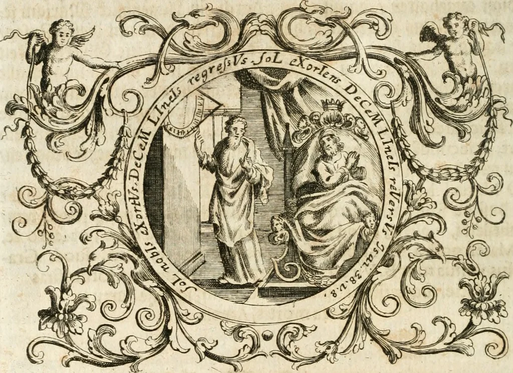 An illustration from VIrtVosIVs pantheon, Deo & sanCtIs ereCtVM, id est, Sermones panegyrici de praecipuis sacrorum ordinum fundatoribus, patriarchis, aliisque terrarum patronis, ad normam & formam Psalmo-graphi, Psal. 148.v.I : LaVDate IpsVM In eXCeLsIs : insertis nonnullis festis de B.M.V. de circumcisione Domini &c. & duodecim signis praedestinationis, quorum singula singulis mensibus praefiguntur cum symbolis chrono-graphicis, & figuris = Das ist, Lob-Predigen von denen fürnehmsten heil. Ordens-Stifftern, Patriarchen, und andern heiligen Lands-Patronen : dann auch auff etwelchen Mariae-Festtägen, und von denen 12. Zeichen der göttlichen Gnaden-Wahl, deren jedes jedem Monat vorgesetzt wird : pars [I-III], 1723, leaf 685