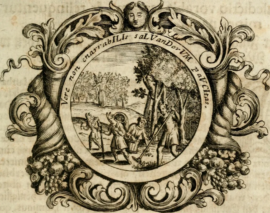 An illustration from VIrtVosIVs pantheon, Deo & sanCtIs ereCtVM, id est, Sermones panegyrici de praecipuis sacrorum ordinum fundatoribus, patriarchis, aliisque terrarum patronis, ad normam & formam Psalmo-graphi, Psal. 148.v.I : LaVDate IpsVM In eXCeLsIs : insertis nonnullis festis de B.M.V. de circumcisione Domini &c. & duodecim signis praedestinationis, quorum singula singulis mensibus praefiguntur cum symbolis chrono-graphicis, & figuris = Das ist, Lob-Predigen von denen fürnehmsten heil. Ordens-Stifftern, Patriarchen, und andern heiligen Lands-Patronen : dann auch auff etwelchen Mariae-Festtägen, und von denen 12. Zeichen der göttlichen Gnaden-Wahl, deren jedes jedem Monat vorgesetzt wird : pars [I-III], 1723, leaf 712
