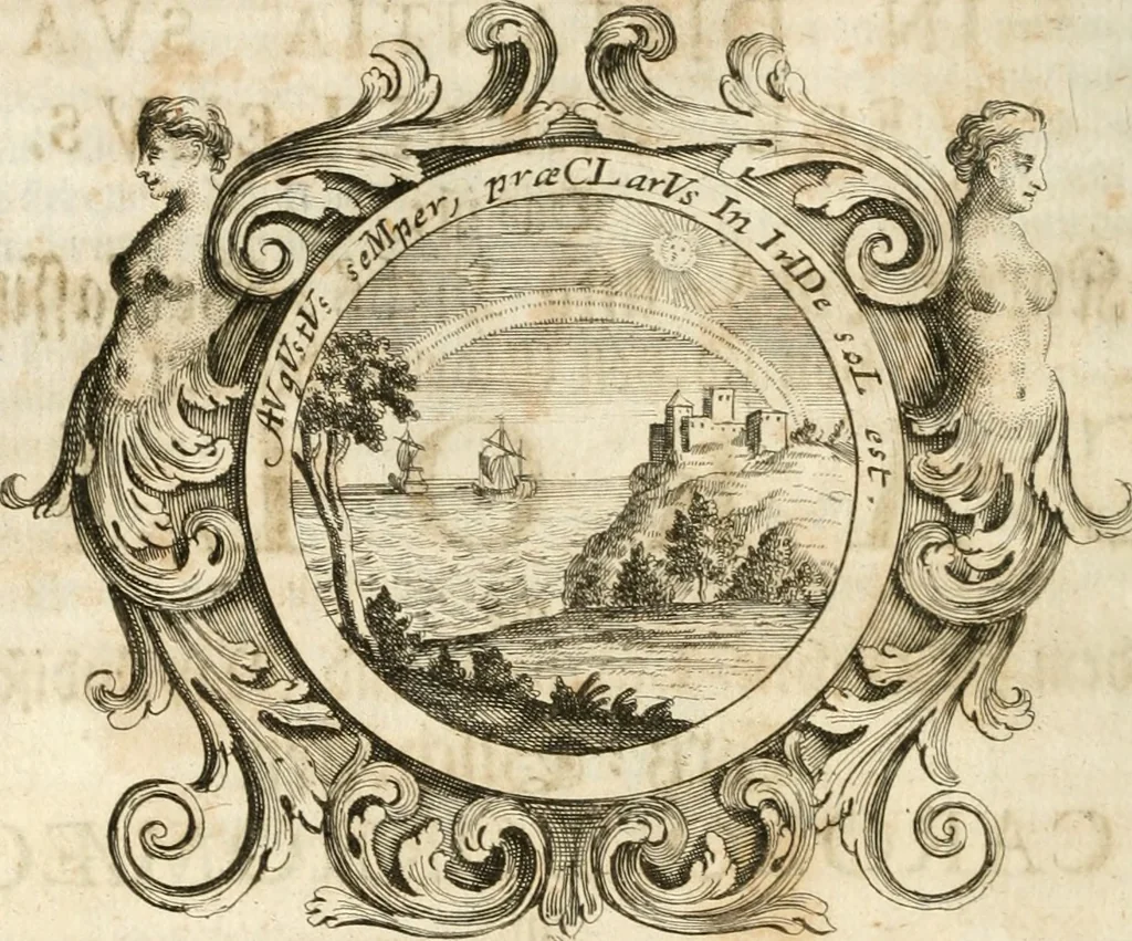 An illustration from VIrtVosIVs pantheon, Deo & sanCtIs ereCtVM, id est, Sermones panegyrici de praecipuis sacrorum ordinum fundatoribus, patriarchis, aliisque terrarum patronis, ad normam & formam Psalmo-graphi, Psal. 148.v.I : LaVDate IpsVM In eXCeLsIs : insertis nonnullis festis de B.M.V. de circumcisione Domini &c. & duodecim signis praedestinationis, quorum singula singulis mensibus praefiguntur cum symbolis chrono-graphicis, & figuris = Das ist, Lob-Predigen von denen fürnehmsten heil. Ordens-Stifftern, Patriarchen, und andern heiligen Lands-Patronen : dann auch auff etwelchen Mariae-Festtägen, und von denen 12. Zeichen der göttlichen Gnaden-Wahl, deren jedes jedem Monat vorgesetzt wird : pars [I-III], 1723, leaf 723