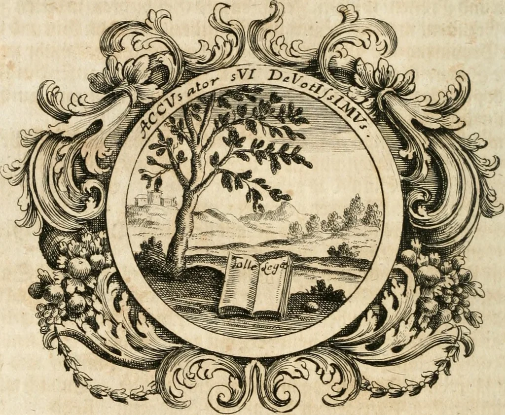 An illustration from VIrtVosIVs pantheon, Deo & sanCtIs ereCtVM, id est, Sermones panegyrici de praecipuis sacrorum ordinum fundatoribus, patriarchis, aliisque terrarum patronis, ad normam & formam Psalmo-graphi, Psal. 148.v.I : LaVDate IpsVM In eXCeLsIs : insertis nonnullis festis de B.M.V. de circumcisione Domini &c. & duodecim signis praedestinationis, quorum singula singulis mensibus praefiguntur cum symbolis chrono-graphicis, & figuris = Das ist, Lob-Predigen von denen fürnehmsten heil. Ordens-Stifftern, Patriarchen, und andern heiligen Lands-Patronen : dann auch auff etwelchen Mariae-Festtägen, und von denen 12. Zeichen der göttlichen Gnaden-Wahl, deren jedes jedem Monat vorgesetzt wird : pars [I-III], 1723, leaf 745