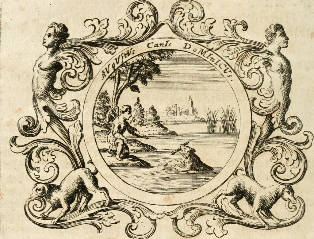 An illustration from VIrtVosIVs pantheon, Deo & sanCtIs ereCtVM, id est, Sermones panegyrici de praecipuis sacrorum ordinum fundatoribus, patriarchis, aliisque terrarum patronis, ad normam & formam Psalmo-graphi, Psal. 148.v.I : LaVDate IpsVM In eXCeLsIs : insertis nonnullis festis de B.M.V. de circumcisione Domini &c. & duodecim signis praedestinationis, quorum singula singulis mensibus praefiguntur cum symbolis chrono-graphicis, & figuris = Das ist, Lob-Predigen von denen fürnehmsten heil. Ordens-Stifftern, Patriarchen, und andern heiligen Lands-Patronen : dann auch auff etwelchen Mariae-Festtägen, und von denen 12. Zeichen der göttlichen Gnaden-Wahl, deren jedes jedem Monat vorgesetzt wird : pars [I-III], 1723, leaf 757
