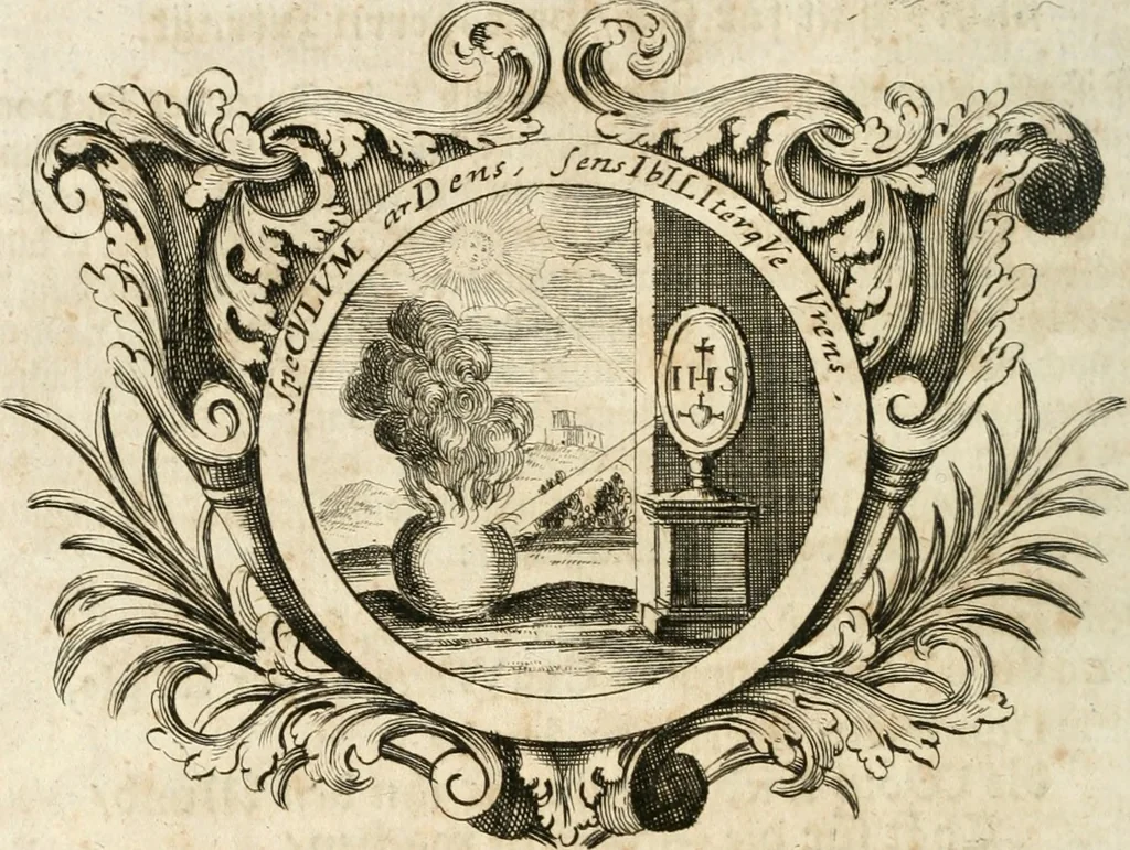 An illustration from VIrtVosIVs pantheon, Deo & sanCtIs ereCtVM, id est, Sermones panegyrici de praecipuis sacrorum ordinum fundatoribus, patriarchis, aliisque terrarum patronis, ad normam & formam Psalmo-graphi, Psal. 148.v.I : LaVDate IpsVM In eXCeLsIs : insertis nonnullis festis de B.M.V. de circumcisione Domini &c. & duodecim signis praedestinationis, quorum singula singulis mensibus praefiguntur cum symbolis chrono-graphicis, & figuris = Das ist, Lob-Predigen von denen fürnehmsten heil. Ordens-Stifftern, Patriarchen, und andern heiligen Lands-Patronen : dann auch auff etwelchen Mariae-Festtägen, und von denen 12. Zeichen der göttlichen Gnaden-Wahl, deren jedes jedem Monat vorgesetzt wird : pars [I-III], 1723, leaf 769