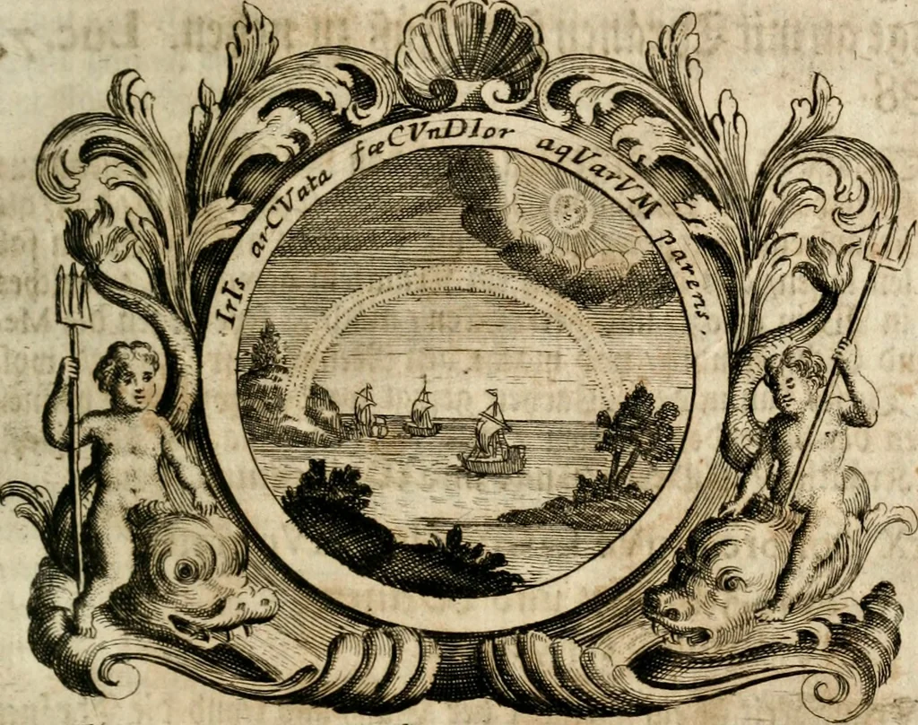 An illustration from VIrtVosIVs pantheon, Deo & sanCtIs ereCtVM, id est, Sermones panegyrici de praecipuis sacrorum ordinum fundatoribus, patriarchis, aliisque terrarum patronis, ad normam & formam Psalmo-graphi, Psal. 148.v.I : LaVDate IpsVM In eXCeLsIs : insertis nonnullis festis de B.M.V. de circumcisione Domini &c. & duodecim signis praedestinationis, quorum singula singulis mensibus praefiguntur cum symbolis chrono-graphicis, & figuris = Das ist, Lob-Predigen von denen fürnehmsten heil. Ordens-Stifftern, Patriarchen, und andern heiligen Lands-Patronen : dann auch auff etwelchen Mariae-Festtägen, und von denen 12. Zeichen der göttlichen Gnaden-Wahl, deren jedes jedem Monat vorgesetzt wird : pars [I-III], 1723, leaf 796