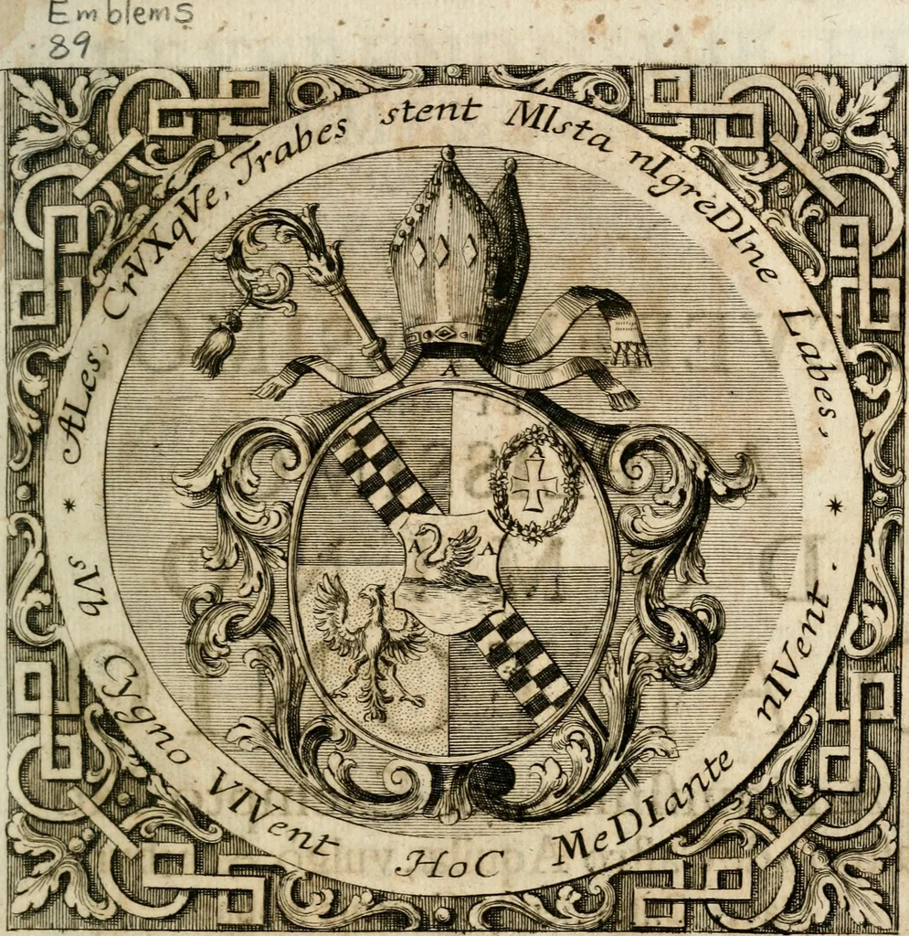 An illustration from VIrtVosIVs pantheon, Deo & sanCtIs ereCtVM, id est, Sermones panegyrici de praecipuis sacrorum ordinum fundatoribus, patriarchis, aliisque terrarum patronis, ad normam & formam Psalmo-graphi, Psal. 148.v.I : LaVDate IpsVM In eXCeLsIs : insertis nonnullis festis de B.M.V. de circumcisione Domini &c. & duodecim signis praedestinationis, quorum singula singulis mensibus praefiguntur cum symbolis chrono-graphicis, & figuris = Das ist, Lob-Predigen von denen fürnehmsten heil. Ordens-Stifftern, Patriarchen, und andern heiligen Lands-Patronen : dann auch auff etwelchen Mariae-Festtägen, und von denen 12. Zeichen der göttlichen Gnaden-Wahl, deren jedes jedem Monat vorgesetzt wird : pars [I-III], 1723, leaf 8
