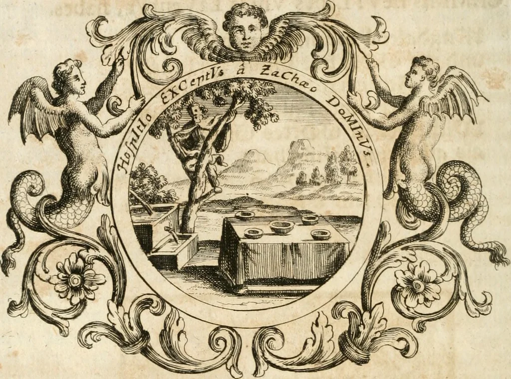 An illustration from VIrtVosIVs pantheon, Deo & sanCtIs ereCtVM, id est, Sermones panegyrici de praecipuis sacrorum ordinum fundatoribus, patriarchis, aliisque terrarum patronis, ad normam & formam Psalmo-graphi, Psal. 148.v.I : LaVDate IpsVM In eXCeLsIs : insertis nonnullis festis de B.M.V. de circumcisione Domini &c. & duodecim signis praedestinationis, quorum singula singulis mensibus praefiguntur cum symbolis chrono-graphicis, & figuris = Das ist, Lob-Predigen von denen fürnehmsten heil. Ordens-Stifftern, Patriarchen, und andern heiligen Lands-Patronen : dann auch auff etwelchen Mariae-Festtägen, und von denen 12. Zeichen der göttlichen Gnaden-Wahl, deren jedes jedem Monat vorgesetzt wird : pars [I-III], 1723, leaf 805
