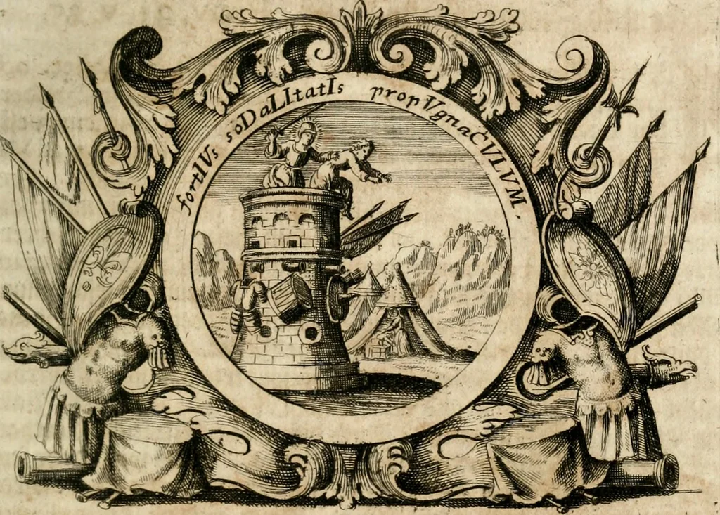 An illustration from VIrtVosIVs pantheon, Deo & sanCtIs ereCtVM, id est, Sermones panegyrici de praecipuis sacrorum ordinum fundatoribus, patriarchis, aliisque terrarum patronis, ad normam & formam Psalmo-graphi, Psal. 148.v.I : LaVDate IpsVM In eXCeLsIs : insertis nonnullis festis de B.M.V. de circumcisione Domini &c. & duodecim signis praedestinationis, quorum singula singulis mensibus praefiguntur cum symbolis chrono-graphicis, & figuris = Das ist, Lob-Predigen von denen fürnehmsten heil. Ordens-Stifftern, Patriarchen, und andern heiligen Lands-Patronen : dann auch auff etwelchen Mariae-Festtägen, und von denen 12. Zeichen der göttlichen Gnaden-Wahl, deren jedes jedem Monat vorgesetzt wird : pars [I-III], 1723, leaf 814