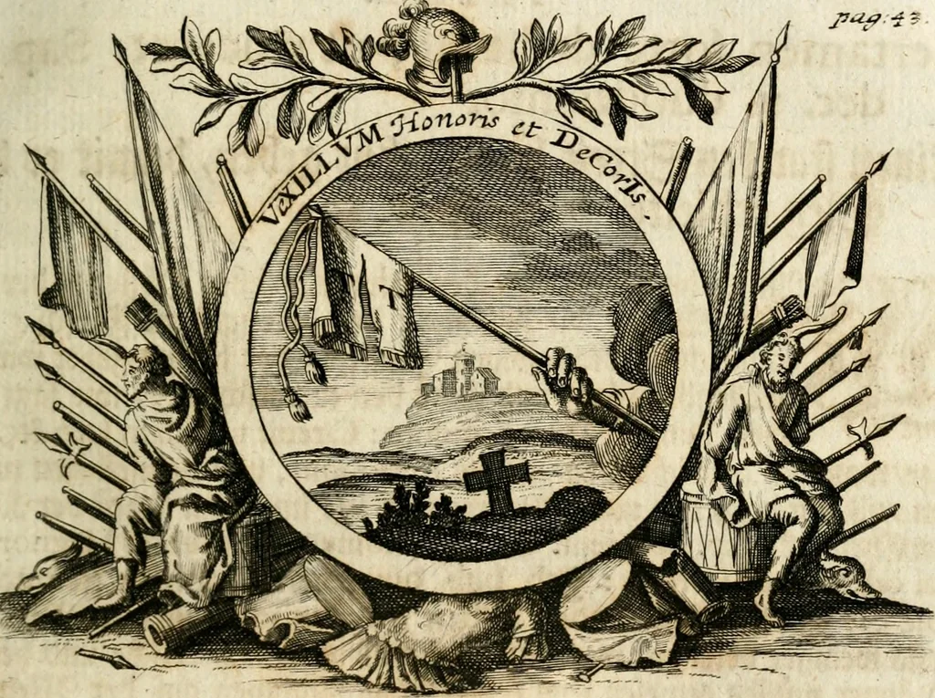 An illustration from VIrtVosIVs pantheon, Deo & sanCtIs ereCtVM, id est, Sermones panegyrici de praecipuis sacrorum ordinum fundatoribus, patriarchis, aliisque terrarum patronis, ad normam & formam Psalmo-graphi, Psal. 148.v.I : LaVDate IpsVM In eXCeLsIs : insertis nonnullis festis de B.M.V. de circumcisione Domini &c. & duodecim signis praedestinationis, quorum singula singulis mensibus praefiguntur cum symbolis chrono-graphicis, & figuris = Das ist, Lob-Predigen von denen fürnehmsten heil. Ordens-Stifftern, Patriarchen, und andern heiligen Lands-Patronen : dann auch auff etwelchen Mariae-Festtägen, und von denen 12. Zeichen der göttlichen Gnaden-Wahl, deren jedes jedem Monat vorgesetzt wird : pars [I-III], 1723, leaf 84