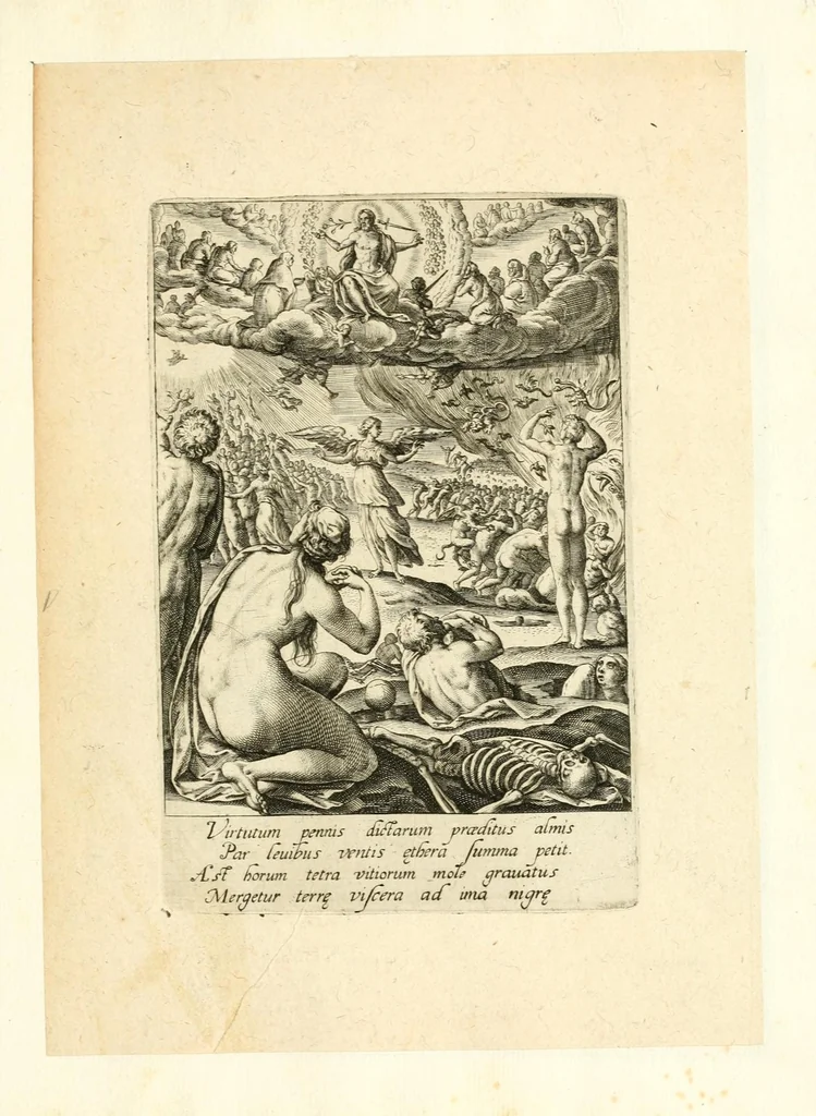 An illustration from Virtvtvm vitiorvmq[ve] : quibus capitalium nome inditum est, septenario numero protritorum, encomia vna cum praemijs poenis[qve] quae eorum cultores manent, exemplis testimonijsq[ue] sacrarum litterarum adumbrata, leaf 27