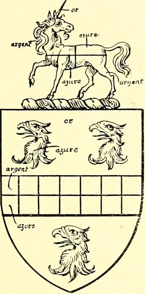 An illustration from The Visitation of the county of Rutland, begun by Fran. Burghill, Somerset, and Gregory King, Rougedragon, on Trinity vacation, 1681. Carried on and finished by Tho. May, Chester herald, and the said Rougedragon pursuivt in Hillary and Trinity vacation 1682. By virtue of several deputacons from Sr Henry St George kt., Clarenceux king of arms. Partly edited by the late W. Harry Rylands and completed by W. Bruce Bannerman, 1922, leaf 26